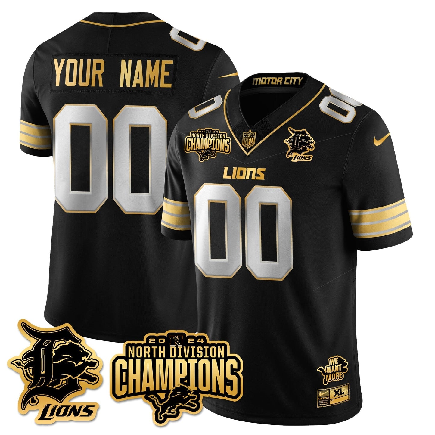 Custom Gender/Name DET 2024 NFC North Champions Gold Jersey N2 - All Stitched