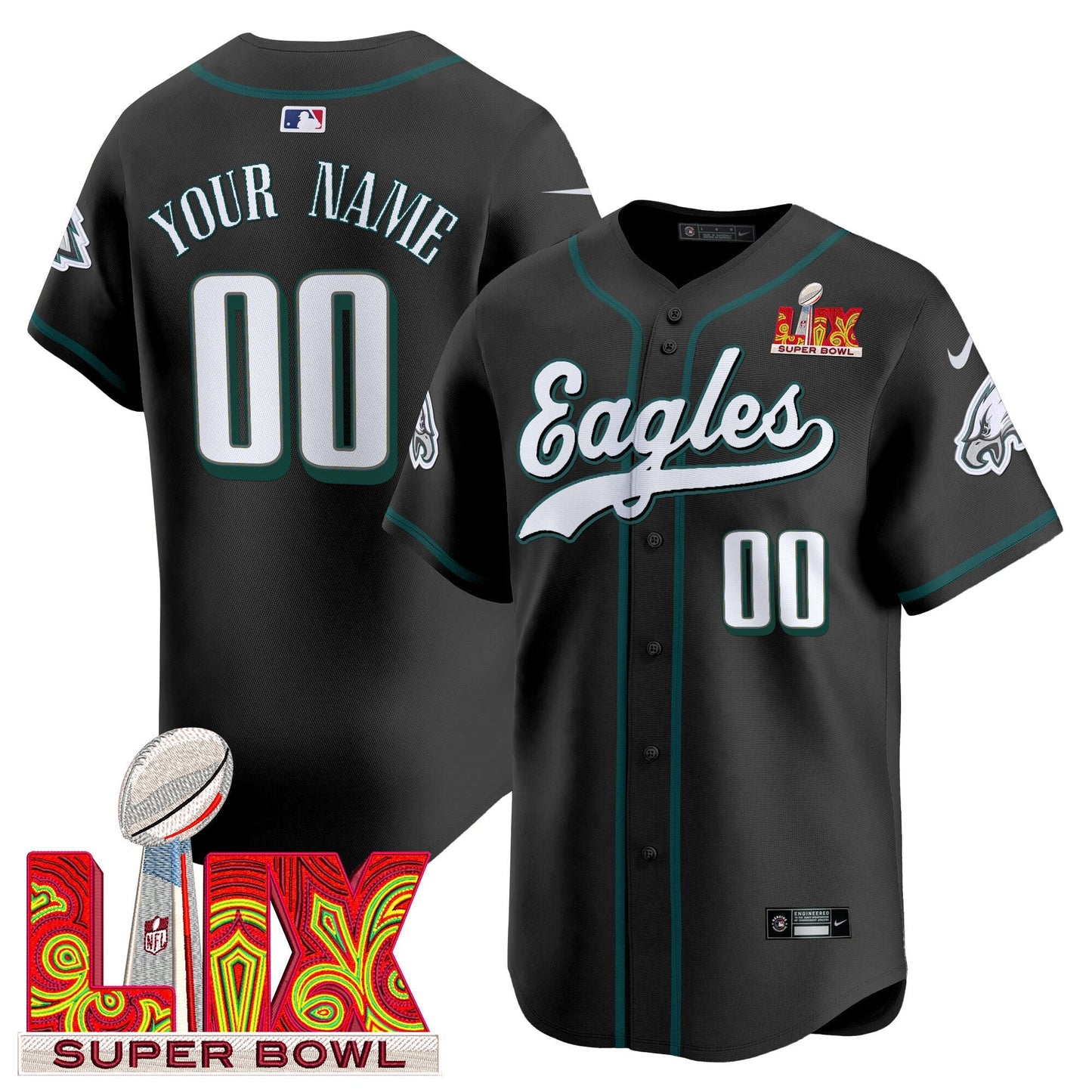 PHI Midnight Green Super Bowl LIX Vapor Baseball Custom Jersey - All Stitched