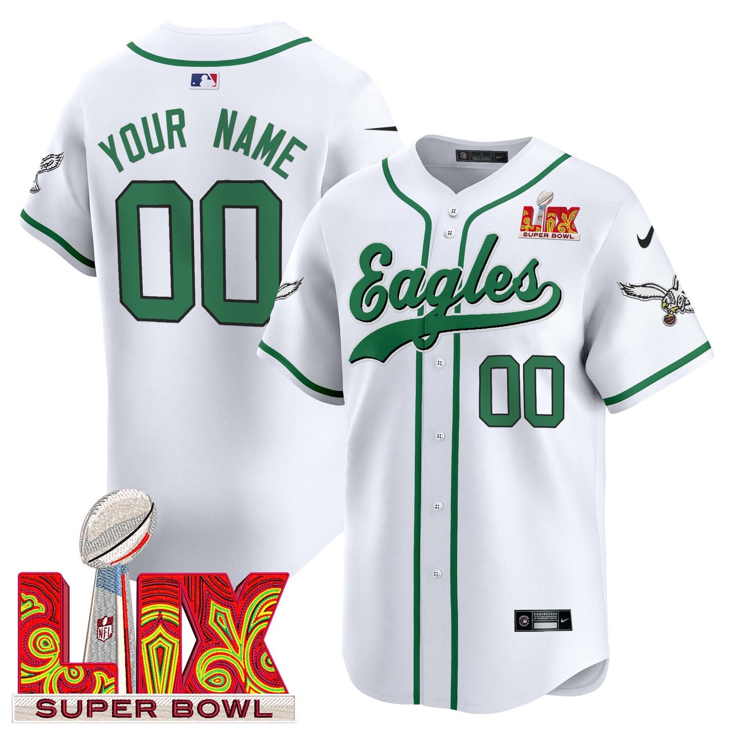 PHI Midnight Green Super Bowl LIX Vapor Baseball Custom Jersey - All Stitched