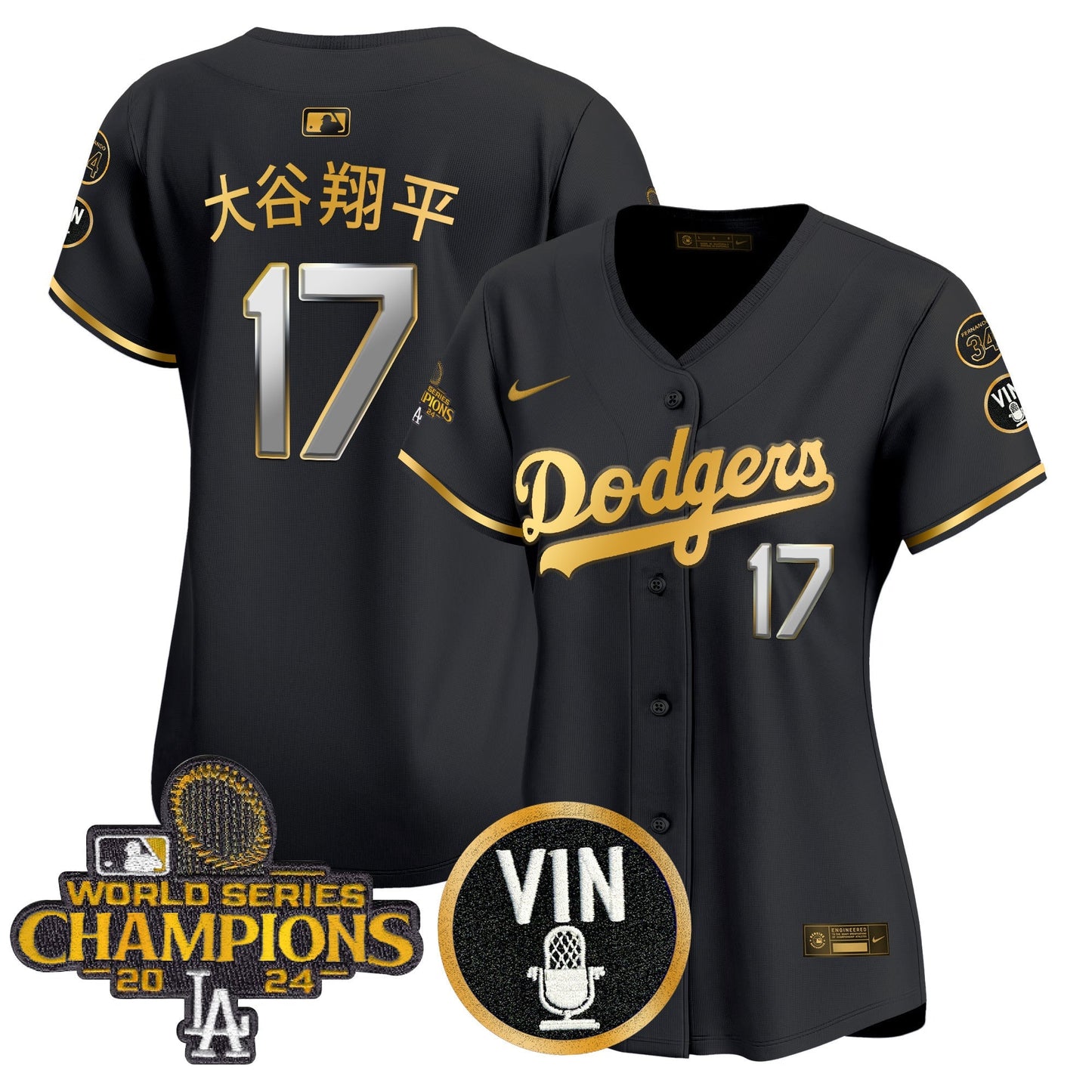 Women's Dodgers 2025 Vin Scully & #34 Fernando Patch Gold Vapor Premier Limited Jersey - All Stitched