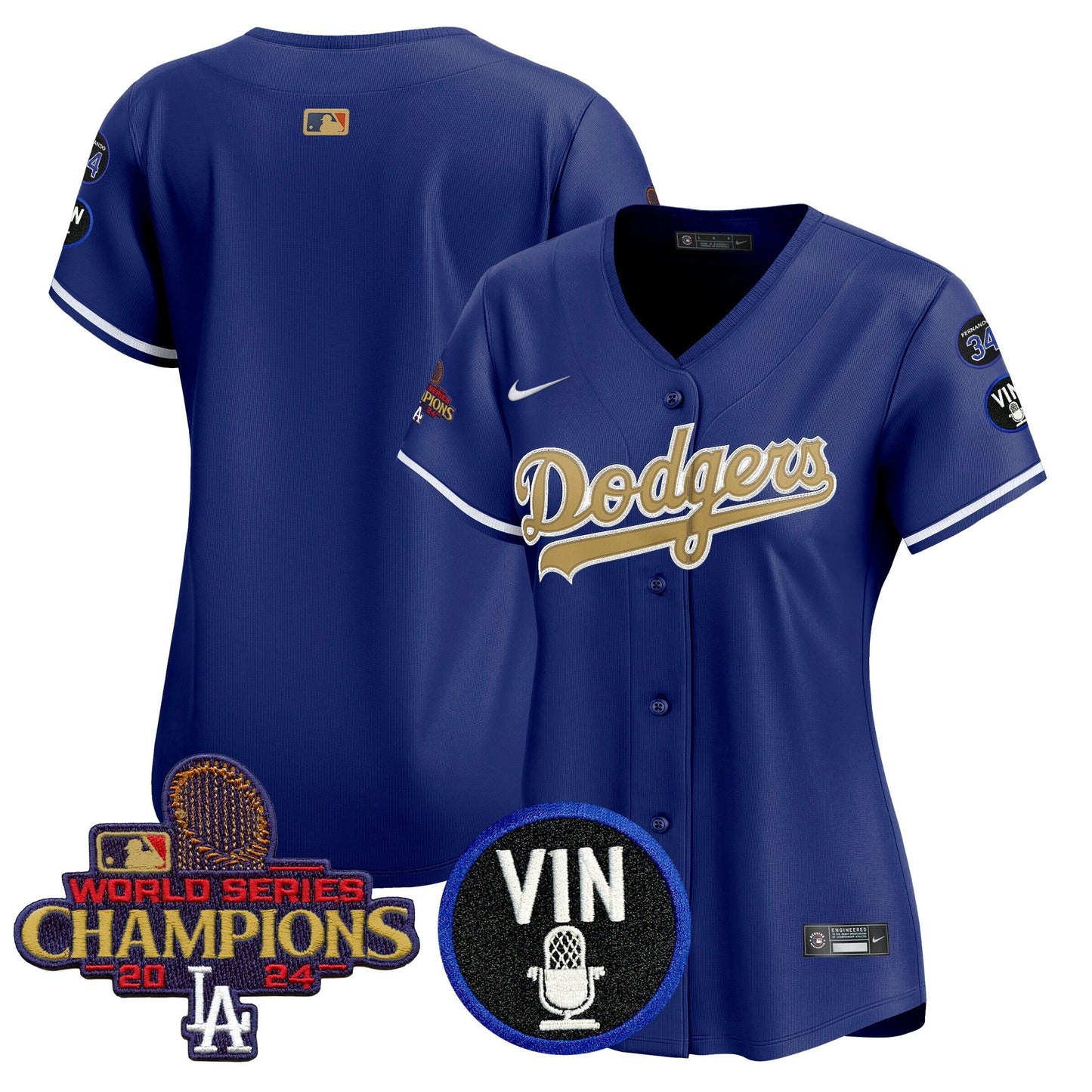 Women's Dodgers 2025 Vin Scully & #34 Fernando Patch Gold Vapor Premier Limited Jersey - All Stitched