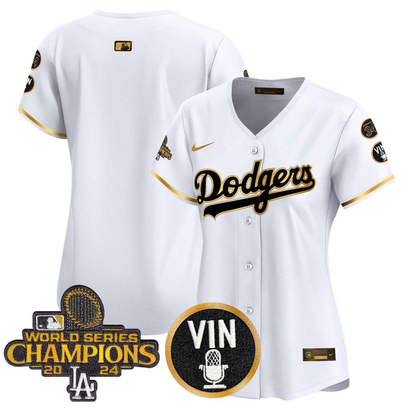 Women's Dodgers 2025 Vin Scully & #34 Fernando Patch Gold Vapor Premier Limited Jersey - All Stitched