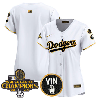 Women's Dodgers 2025 Vin Scully & #34 Fernando Patch Gold Vapor Premier Limited Jersey - All Stitched