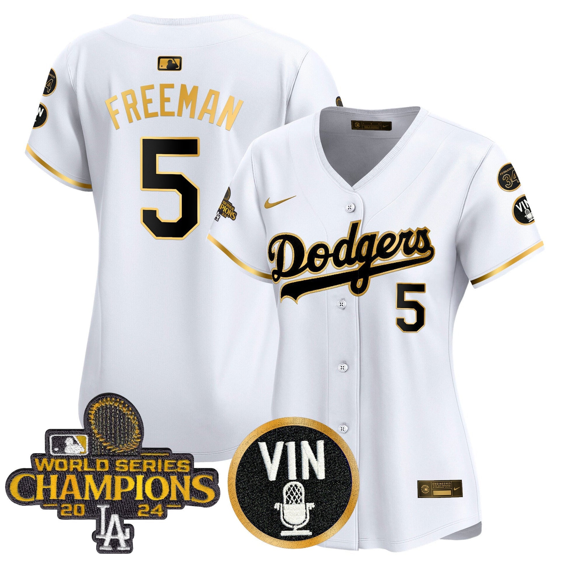 Women's Dodgers 2025 Vin Scully & #34 Fernando Patch Gold Vapor Premier Limited Jersey - All Stitched