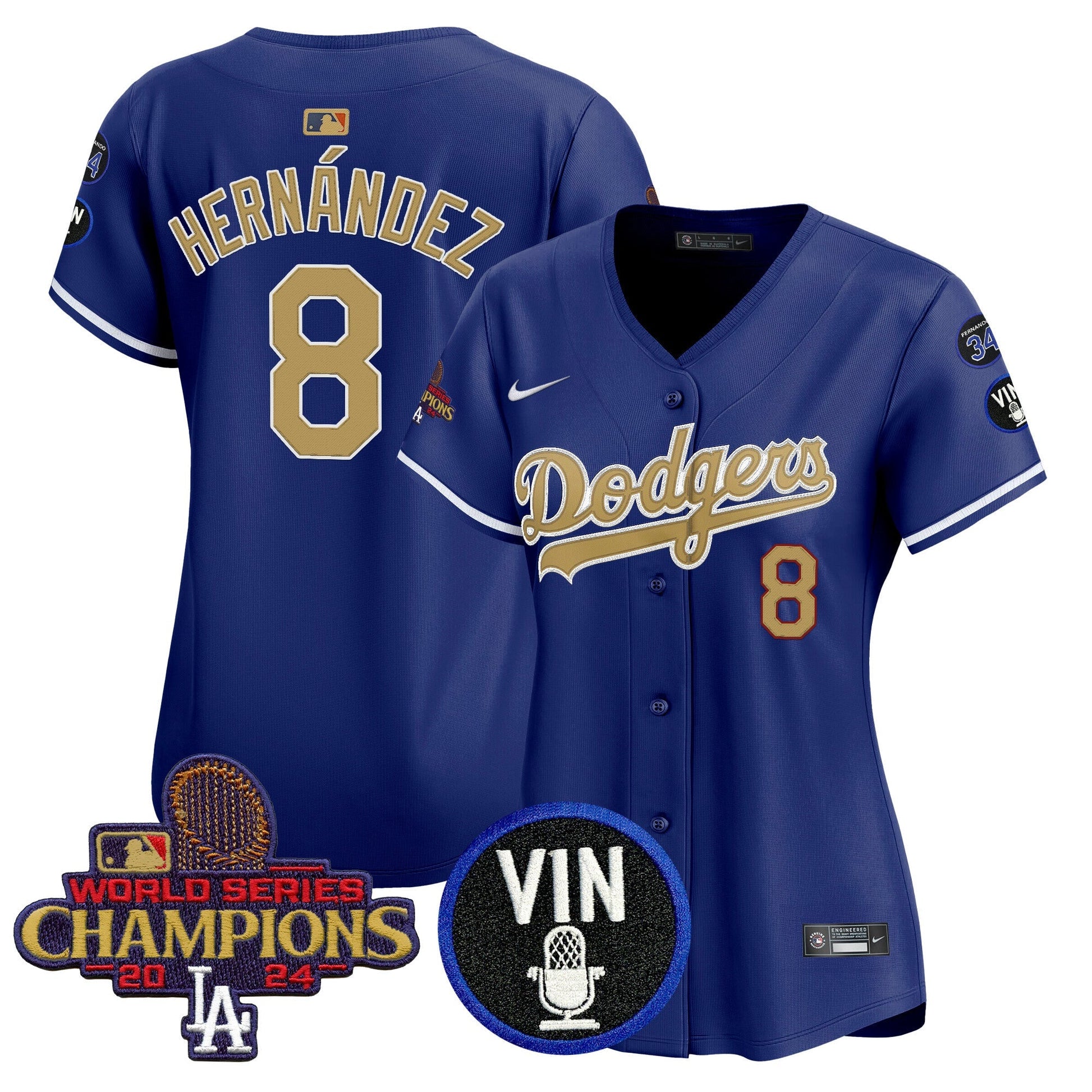 Women's Dodgers 2025 Vin Scully & #34 Fernando Patch Gold Vapor Premier Limited Jersey - All Stitched