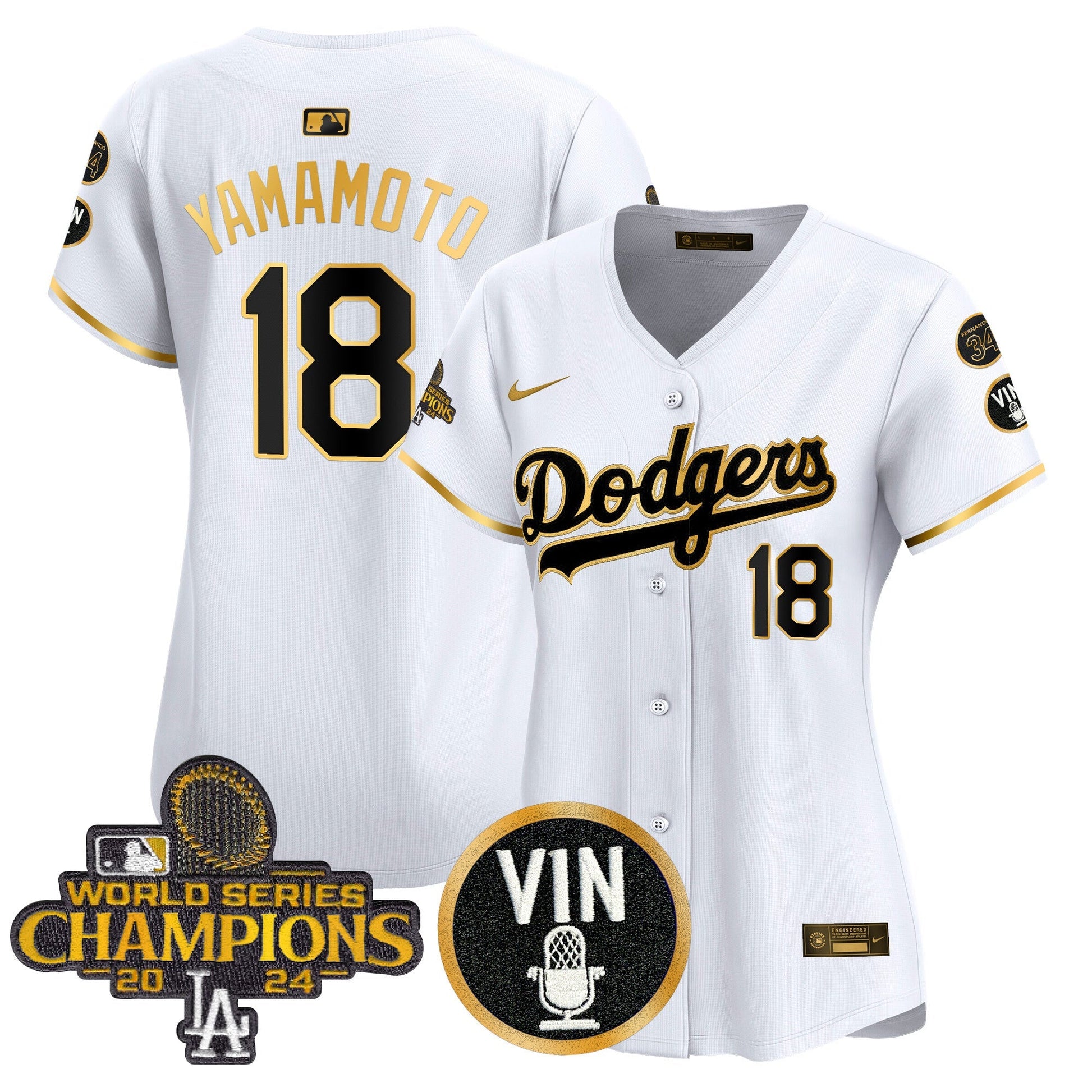 Women's Dodgers 2025 Vin Scully & #34 Fernando Patch Gold Vapor Premier Limited Jersey - All Stitched