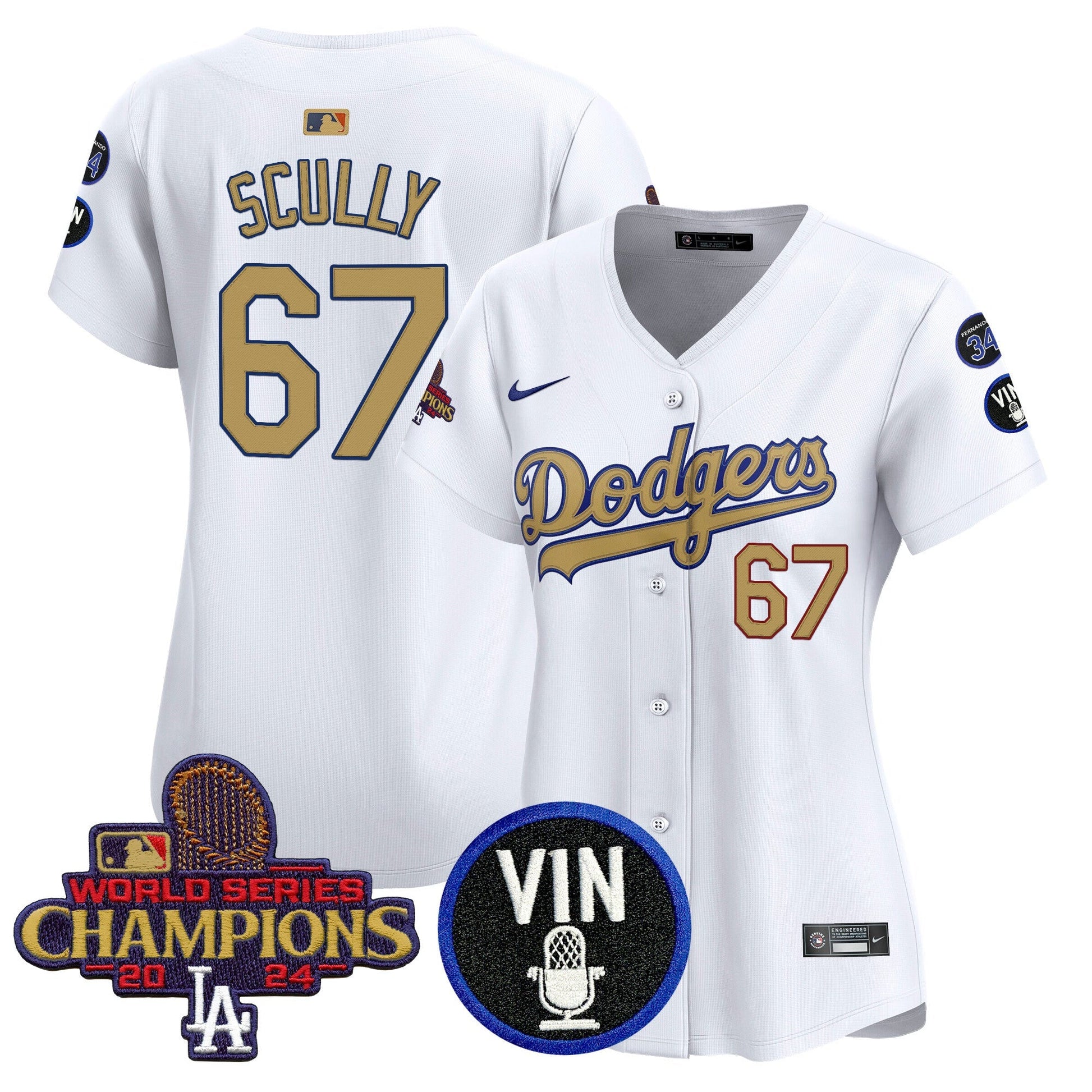 Women's Dodgers 2025 Vin Scully & #34 Fernando Patch Gold Vapor Premier Limited Jersey - All Stitched