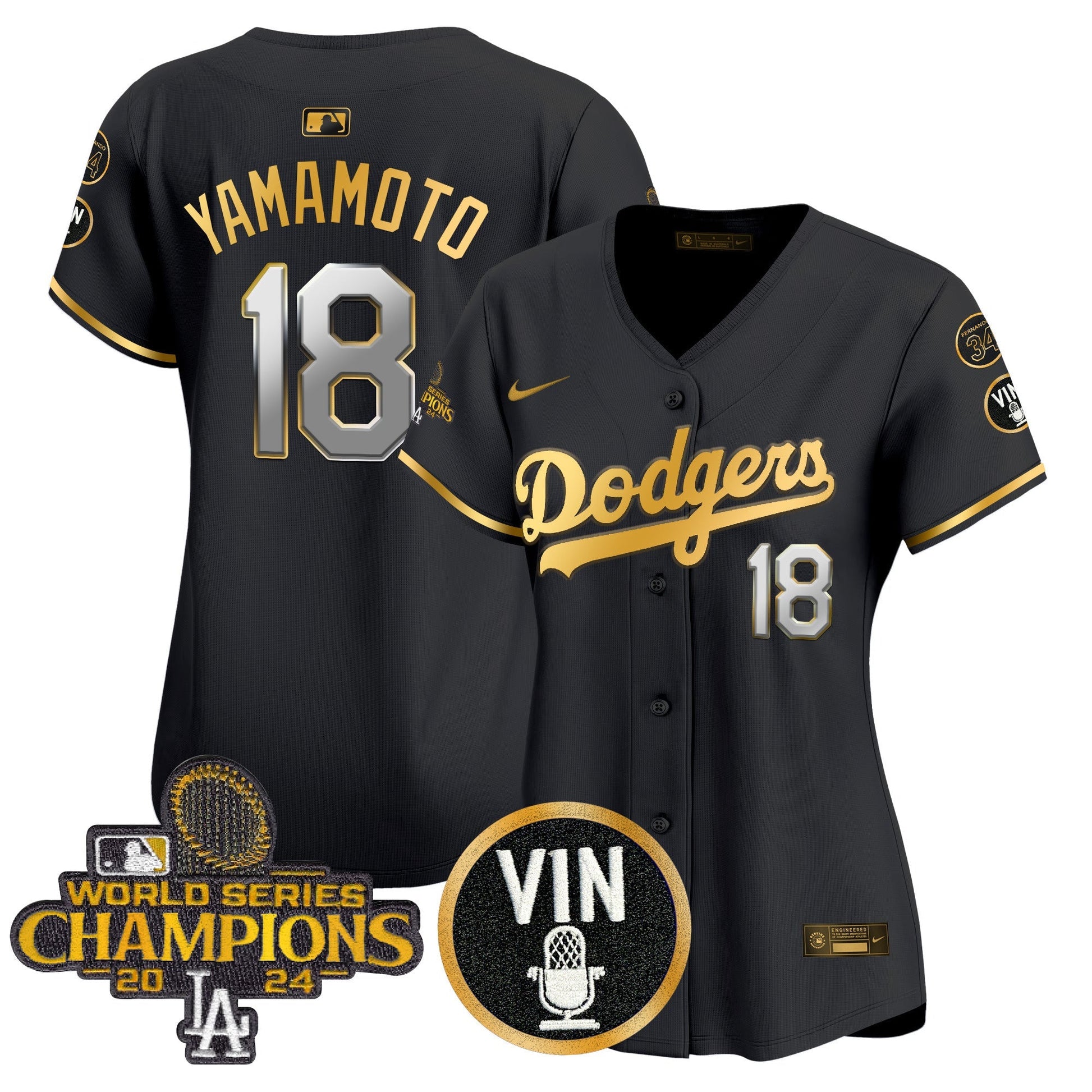 Women's Dodgers 2025 Vin Scully & #34 Fernando Patch Gold Vapor Premier Limited Jersey - All Stitched