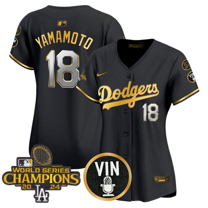Women's Dodgers 2025 Vin Scully & #34 Fernando Patch Gold Vapor Premier Limited Jersey - All Stitched