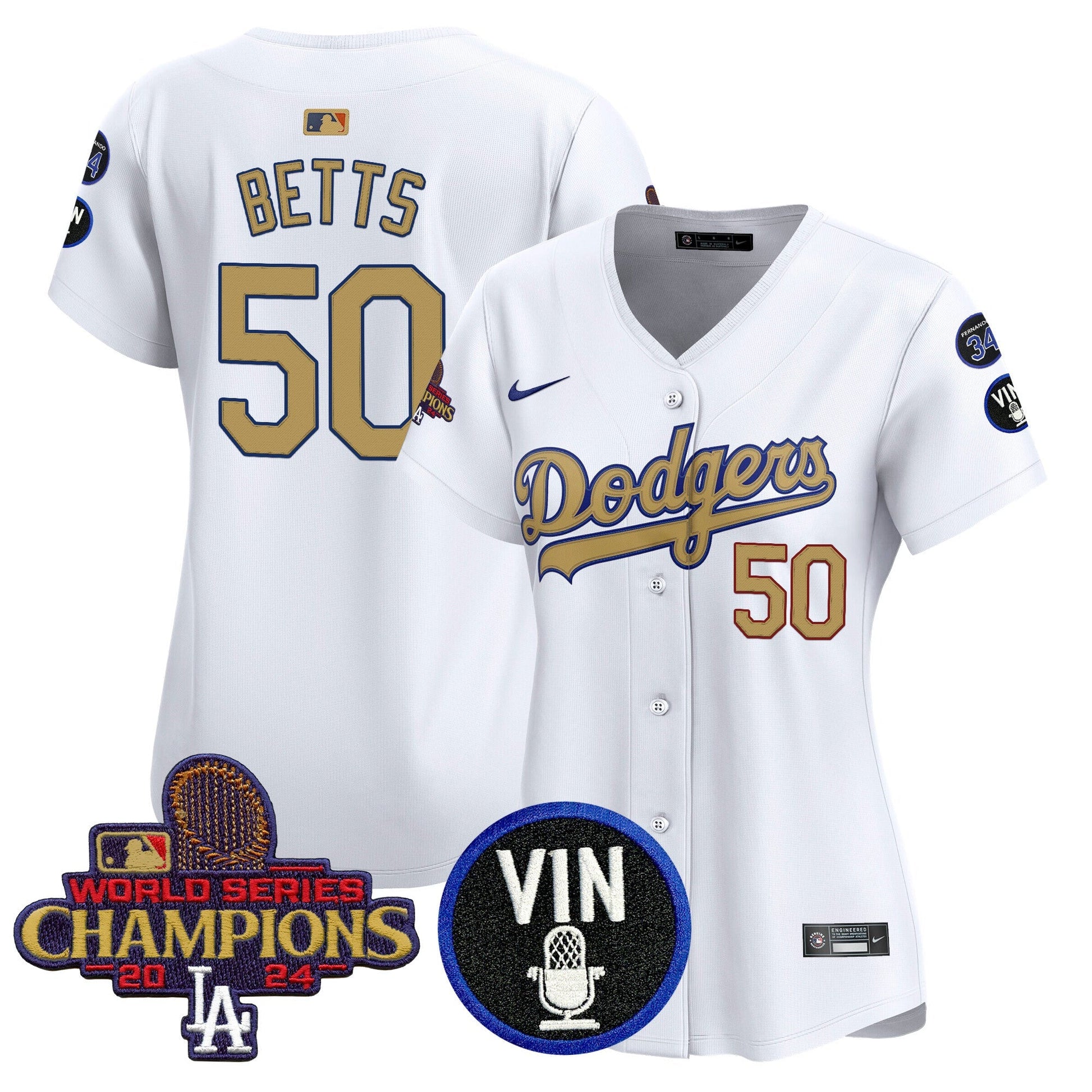 Women's Dodgers 2025 Vin Scully & #34 Fernando Patch Gold Vapor Premier Limited Jersey - All Stitched