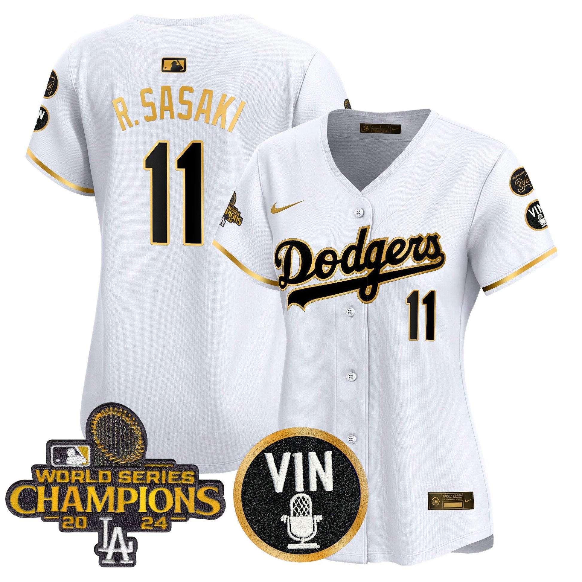 Women's Dodgers 2025 Vin Scully & #34 Fernando Patch Gold Vapor Premier Limited Jersey - All Stitched