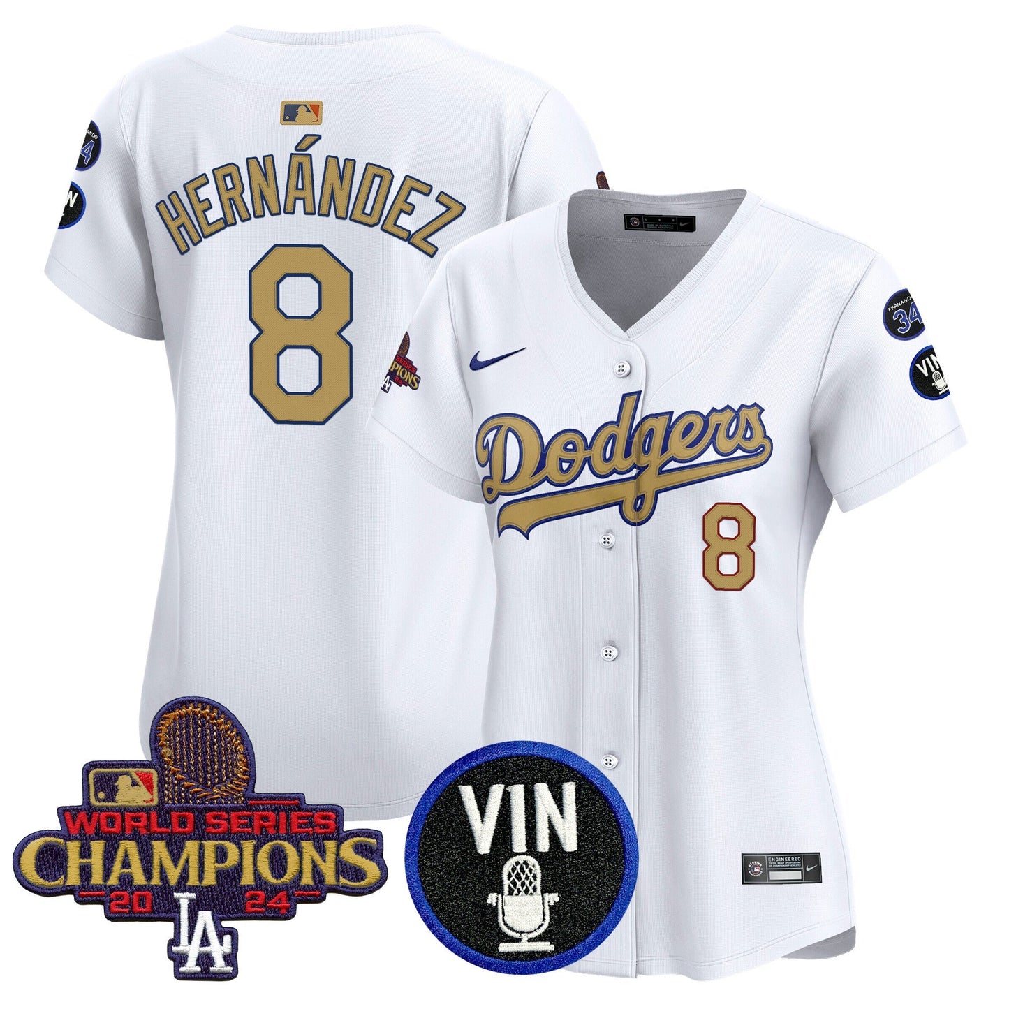 Women's Dodgers 2025 Vin Scully & #34 Fernando Patch Gold Vapor Premier Limited Jersey - All Stitched