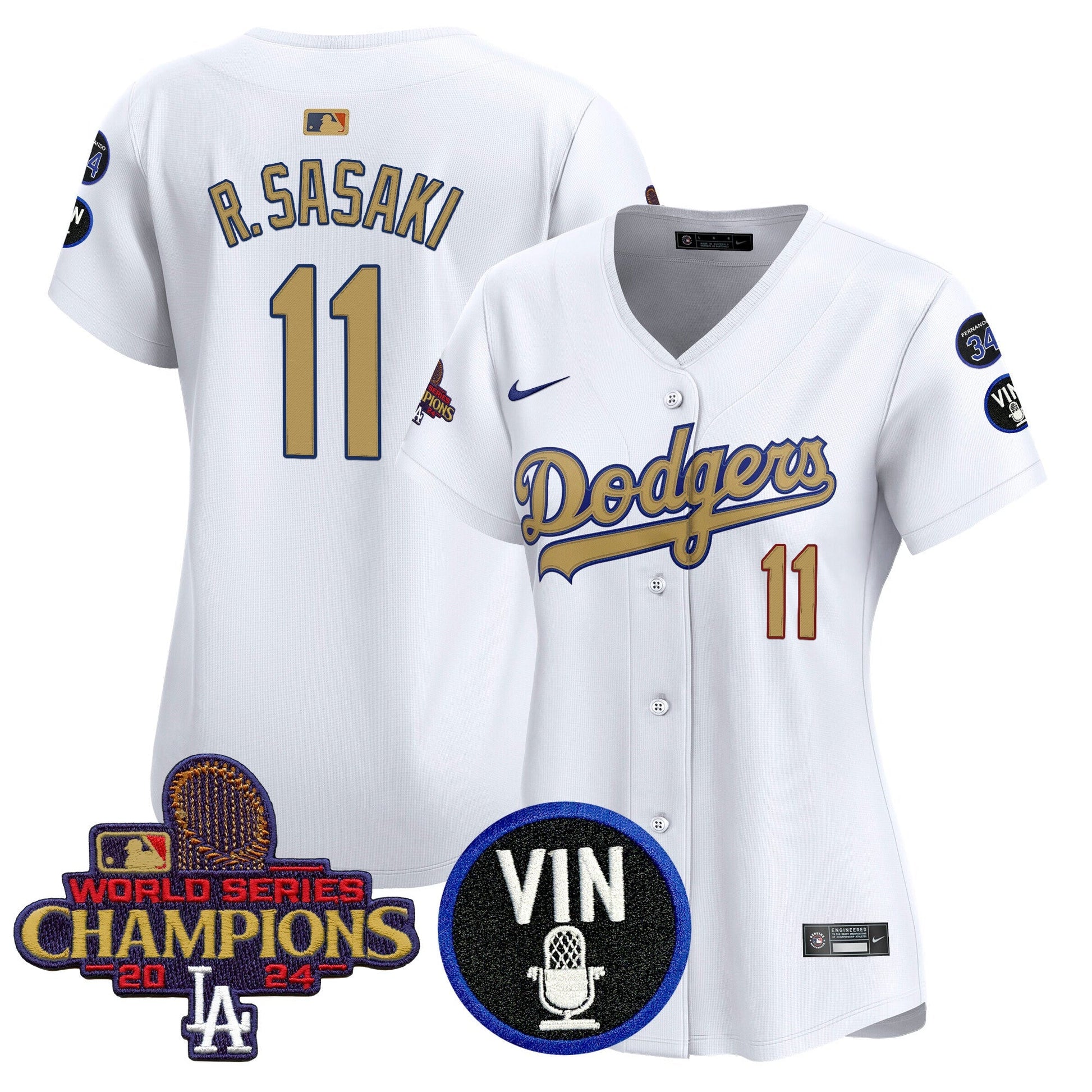 Women's Dodgers 2025 Vin Scully & #34 Fernando Patch Gold Vapor Premier Limited Jersey - All Stitched