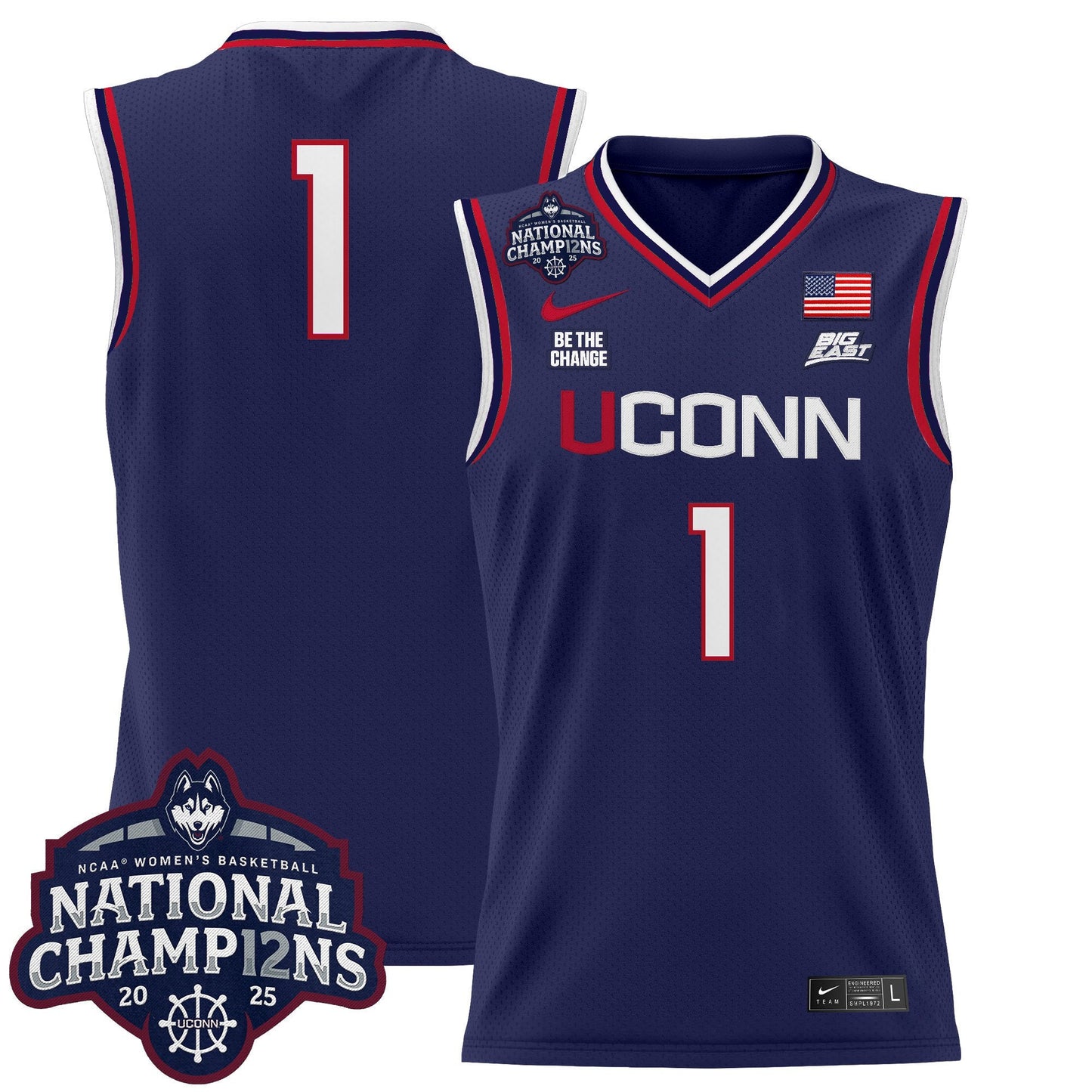 Men's Size - UConn Huskies 2025 Women's National Champions Patch Lightweight Basketball Jersey - All Stitched