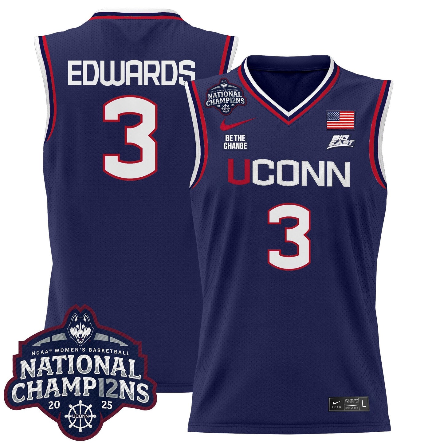 Men's Size - UConn Huskies 2025 Women's National Champions Patch Lightweight Basketball Jersey - All Stitched