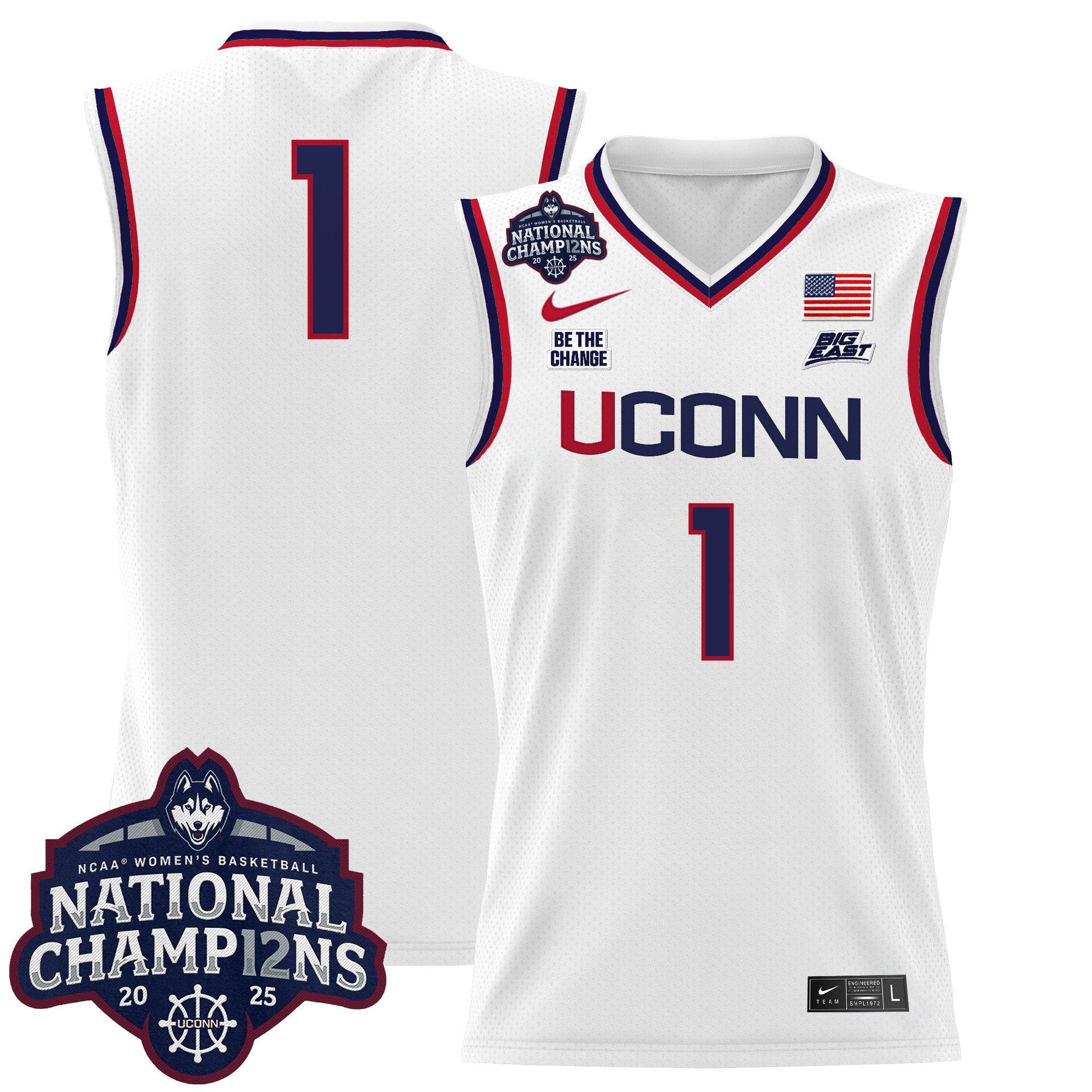 Men's Size - UConn Huskies 2025 Women's National Champions Patch Lightweight Basketball Jersey - All Stitched