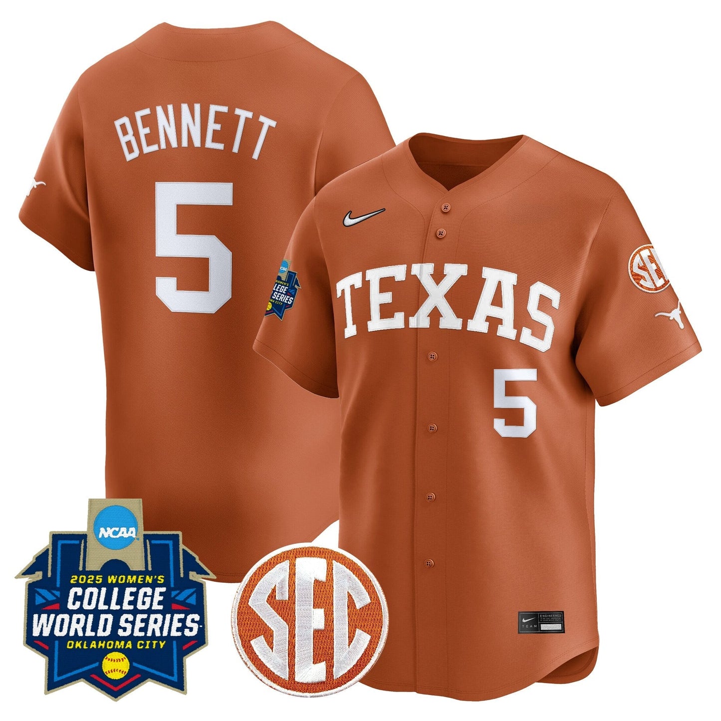 Men's size - Texas Longhorns Softball 2025 World Series (WCWS) Vapor Premier Limited Jersey - All Stitched