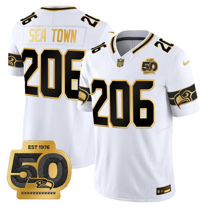 Men's Seattle Seahawks 50th Anniversary Patch Gold Vapor Limited Jersey - All Stitched