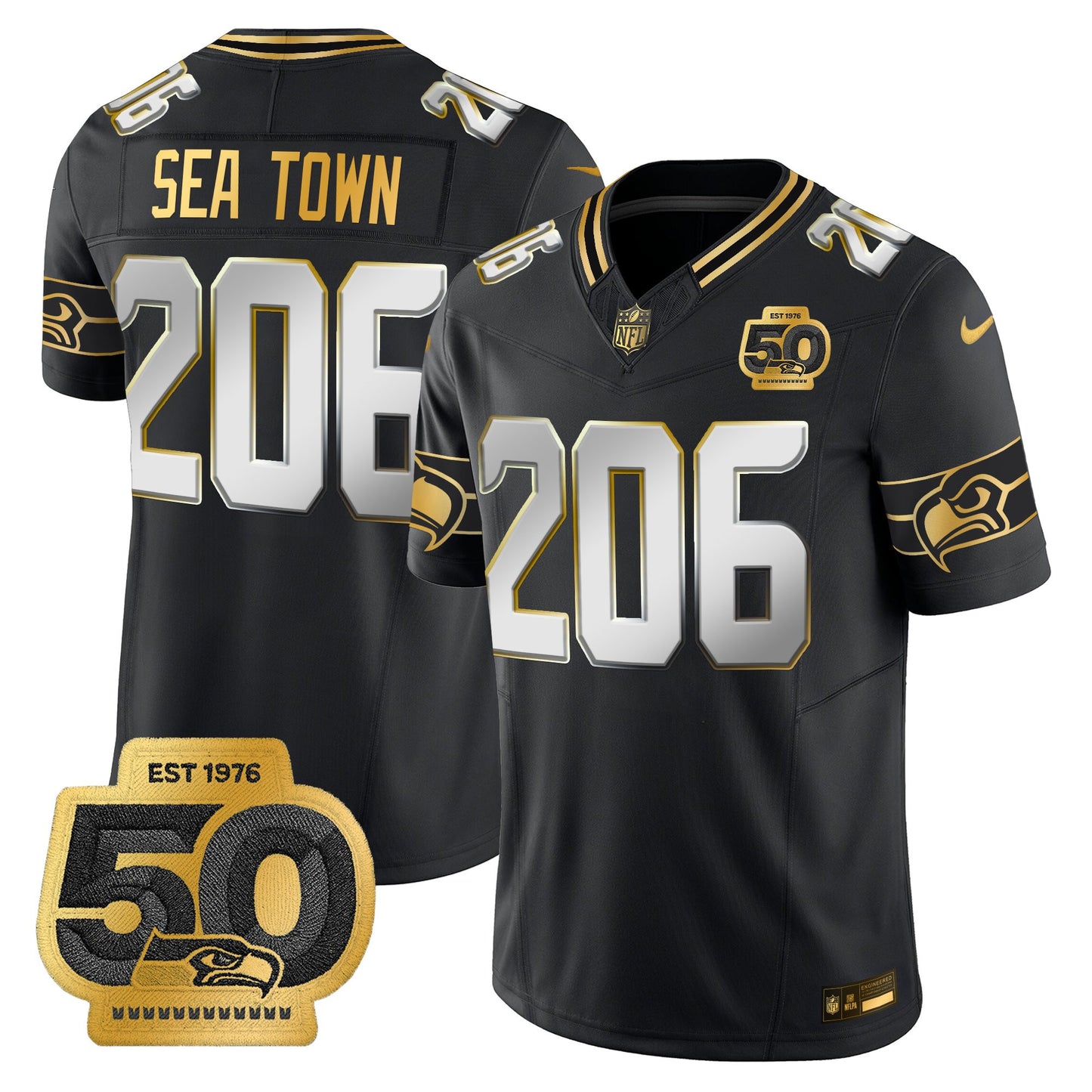 Men's Seattle Seahawks 50th Anniversary Patch Gold Vapor Limited Jersey - All Stitched