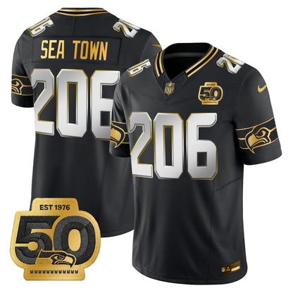 Men's Seattle Seahawks 50th Anniversary Patch Gold Vapor Limited Jersey - All Stitched