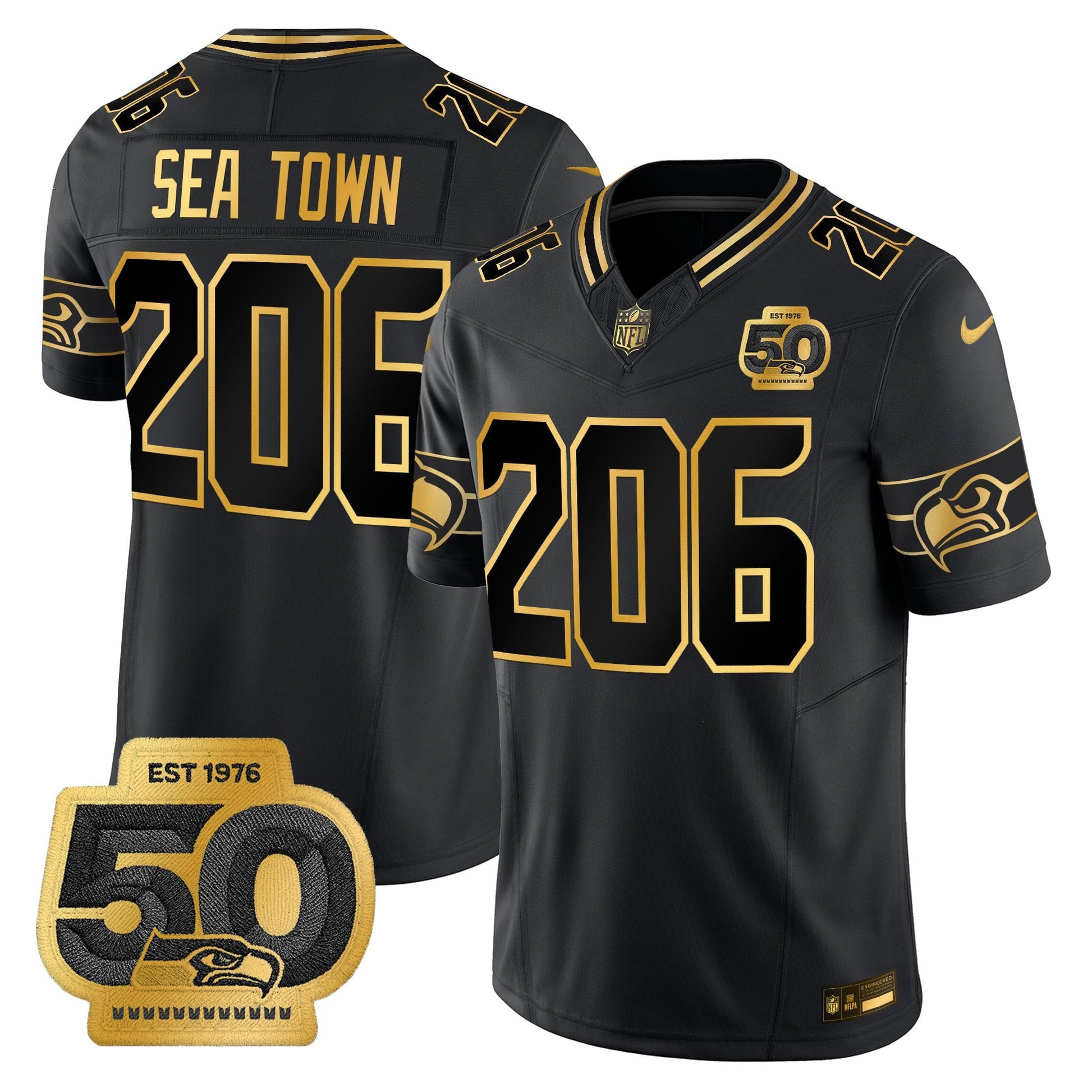 Men's Seattle Seahawks 50th Anniversary Patch Gold Vapor Limited Jersey - All Stitched