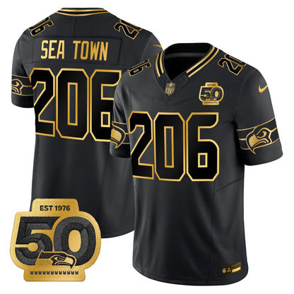 Men's Seattle Seahawks 50th Anniversary Patch Gold Vapor Limited Jersey - All Stitched