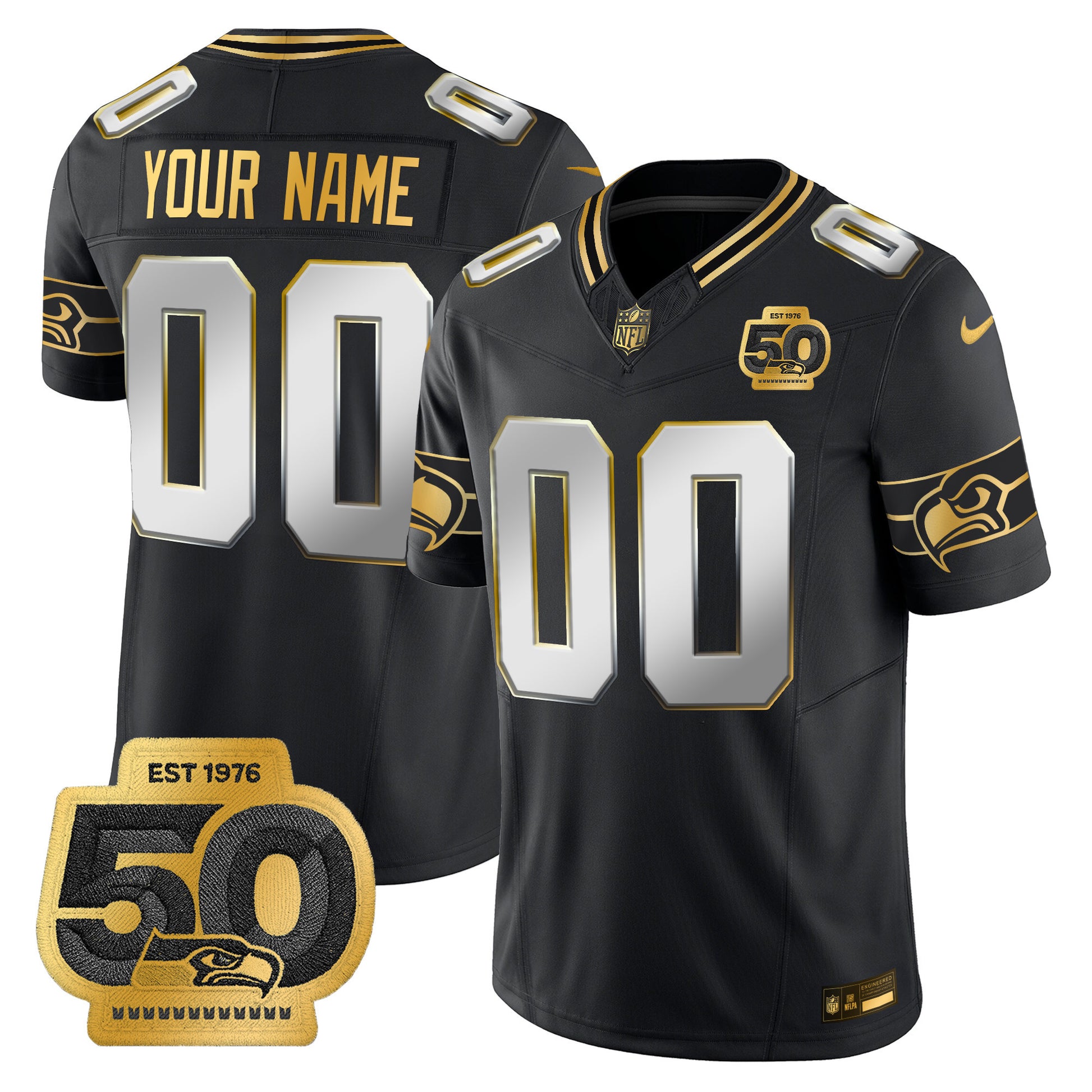 Seattle Seahawks 50th Anniversary Patch Gold Vapor Limited Custom Jersey - All Stitched