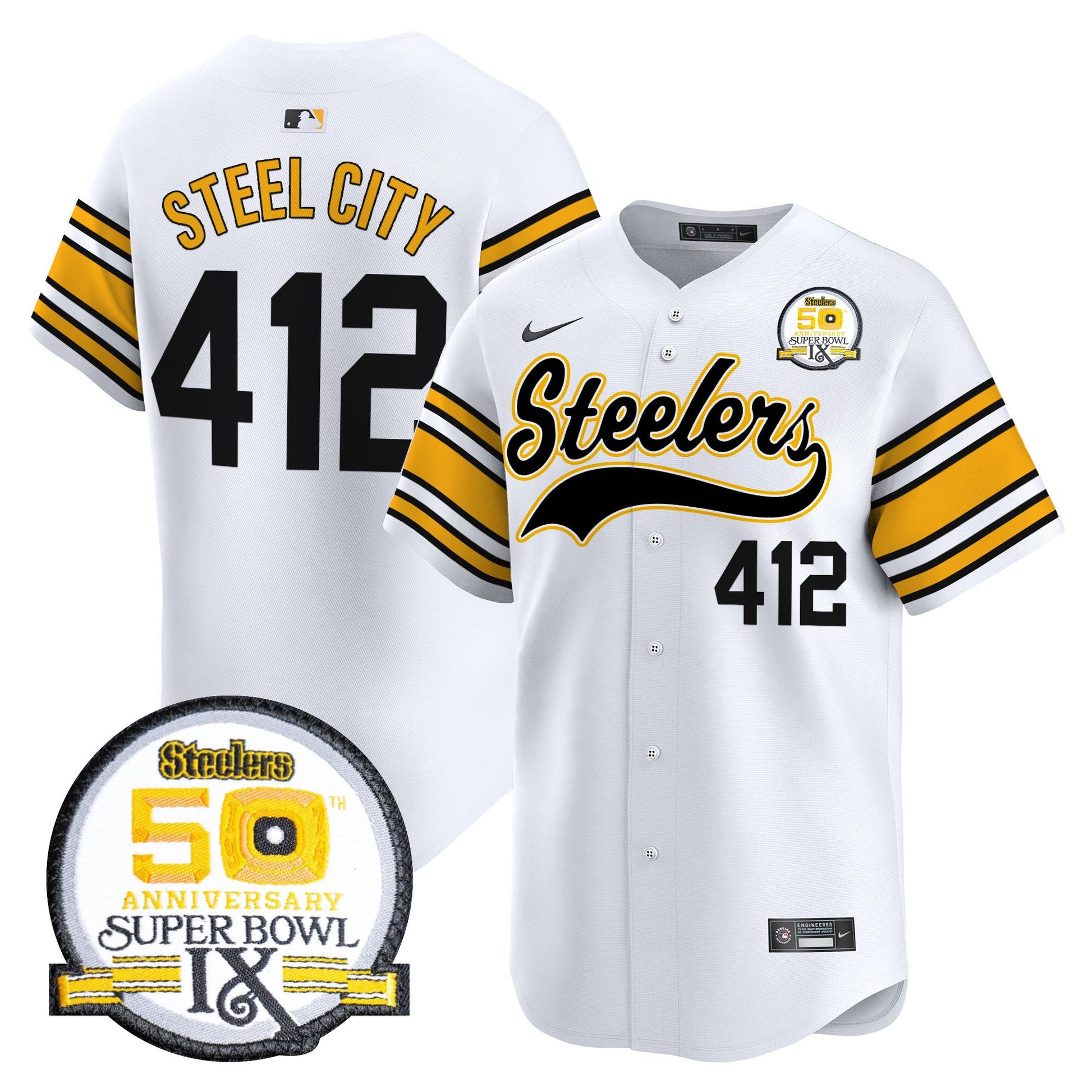 Men's Steelers 50th Anniversary Of Super Bowl IX Patch Vapor Premier Baseball Jersey - All Stitched