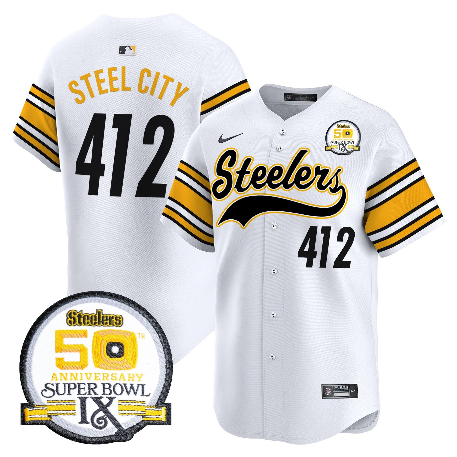 Men's Steelers 50th Anniversary Of Super Bowl IX Patch Vapor Premier Baseball Jersey - All Stitched