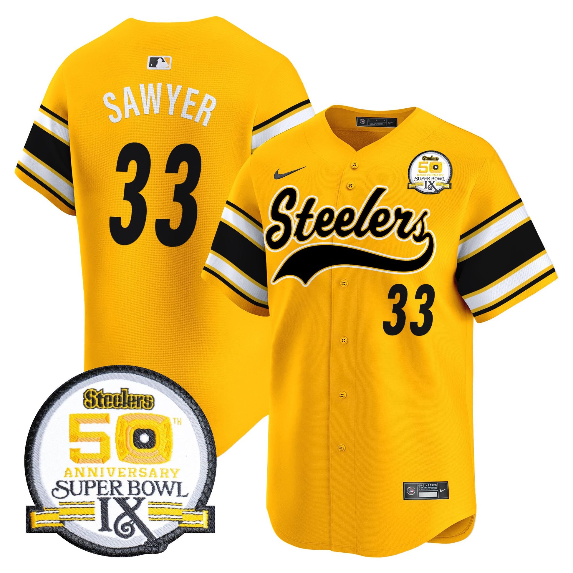 Men's Steelers 50th Anniversary Of Super Bowl IX Patch Vapor Premier Baseball Jersey - All Stitched