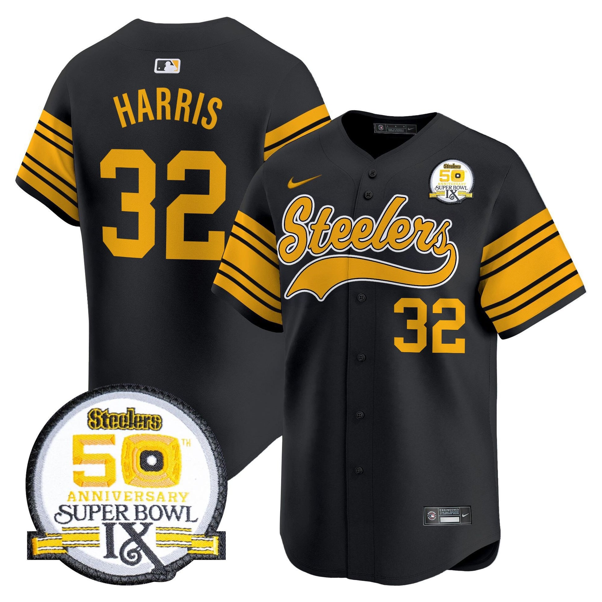 Men's Steelers 50th Anniversary Of Super Bowl IX Patch Vapor Premier Baseball Jersey - All Stitched
