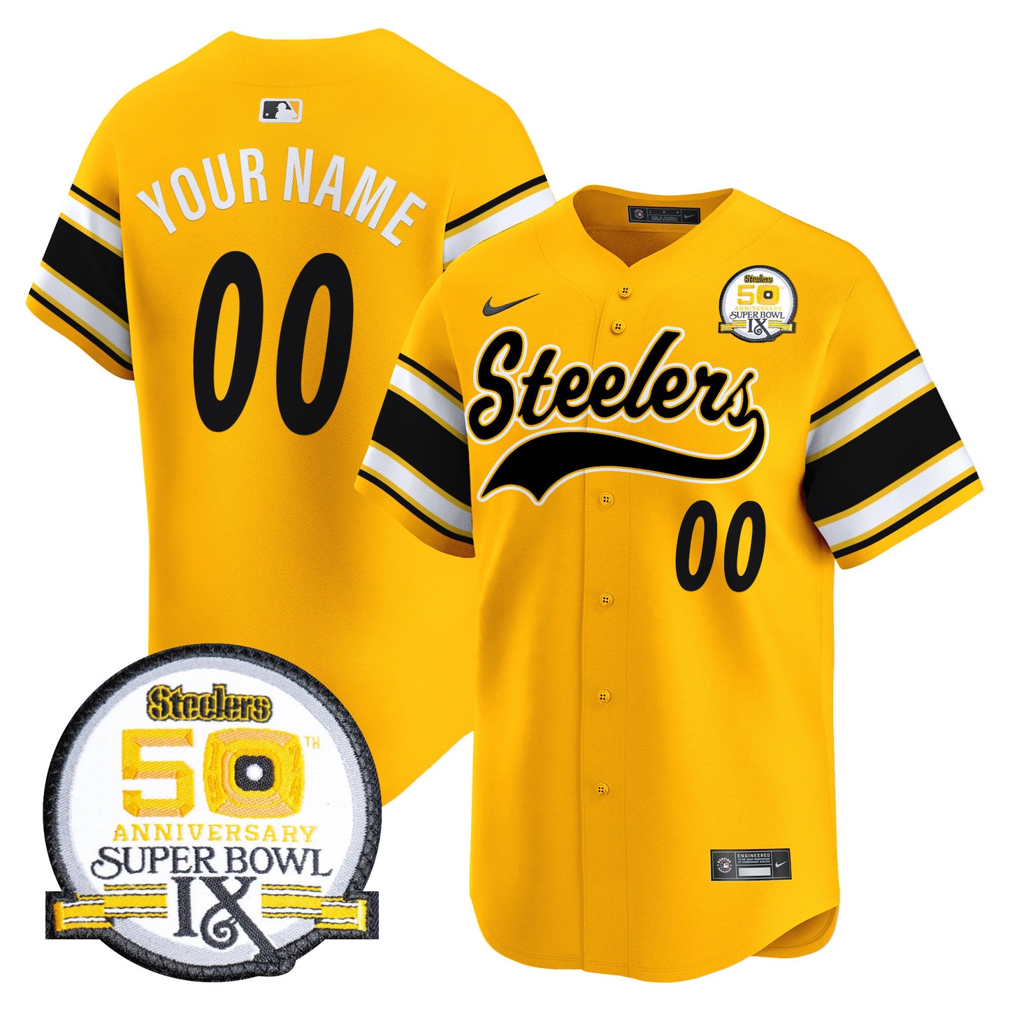 Steelers 50th Anniversary Of Super Bowl IX Patch Vapor Premier Baseball Custom Jersey - All Stitched