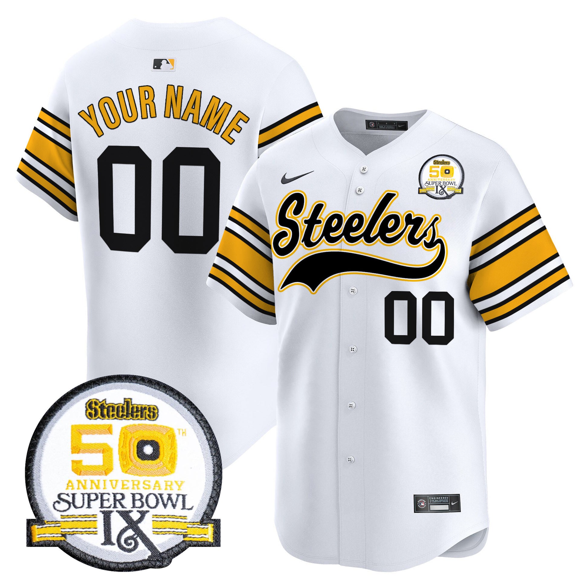 Steelers 50th Anniversary Of Super Bowl IX Patch Vapor Premier Baseball Custom Jersey - All Stitched