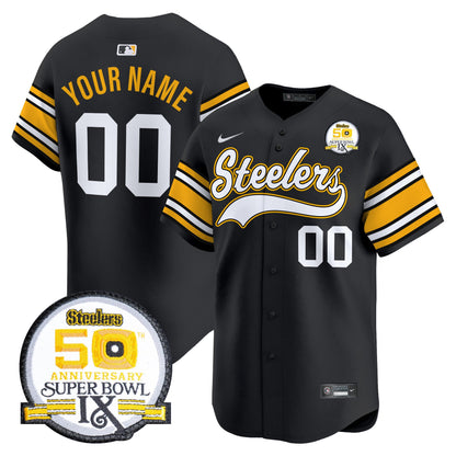 Steelers 50th Anniversary Of Super Bowl IX Patch Vapor Premier Baseball Custom Jersey - All Stitched