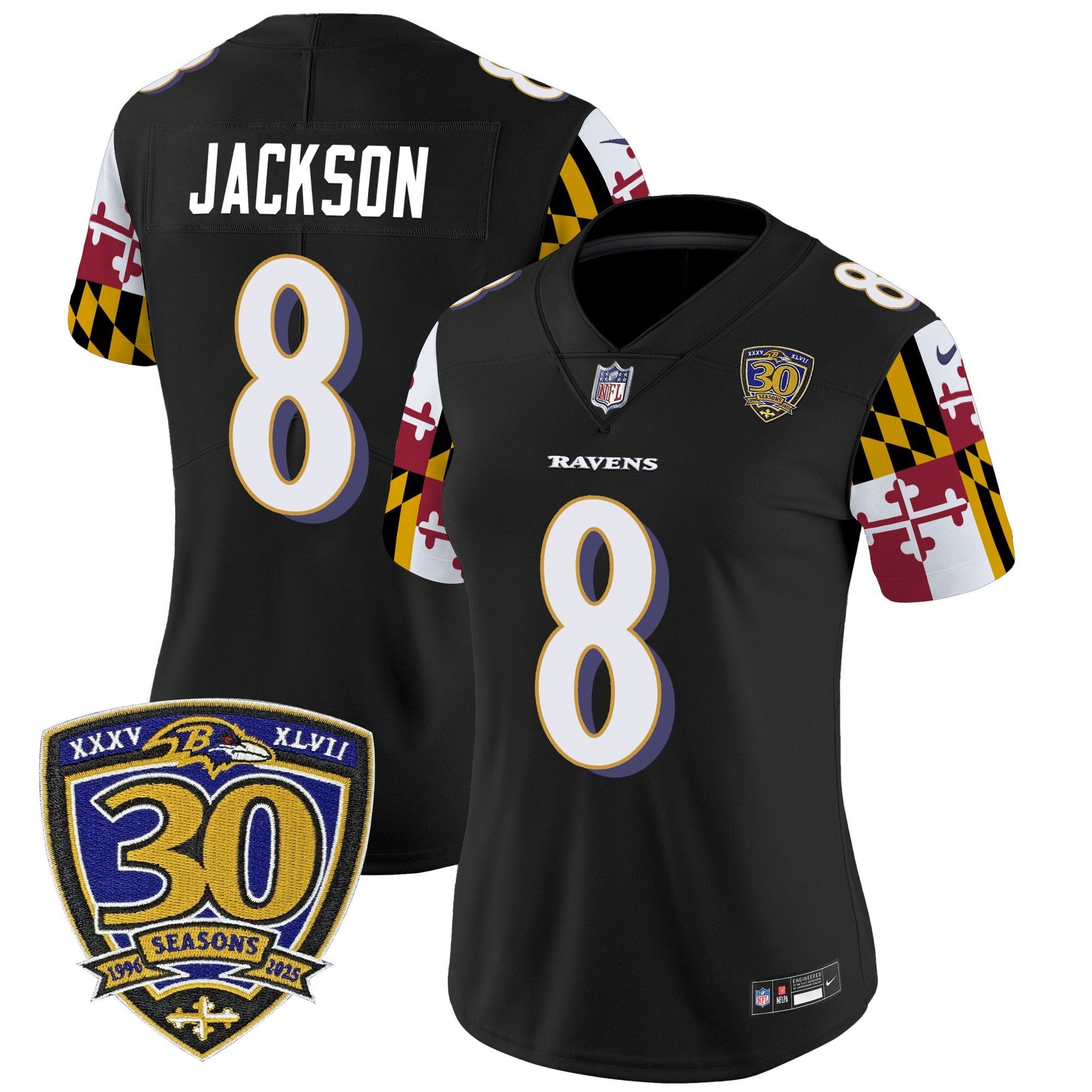 Women's Baltimore Ravens 'Maryland Flag Edition' Vapor Limited Jersey - 30th Anniversary Patch - All Stitched