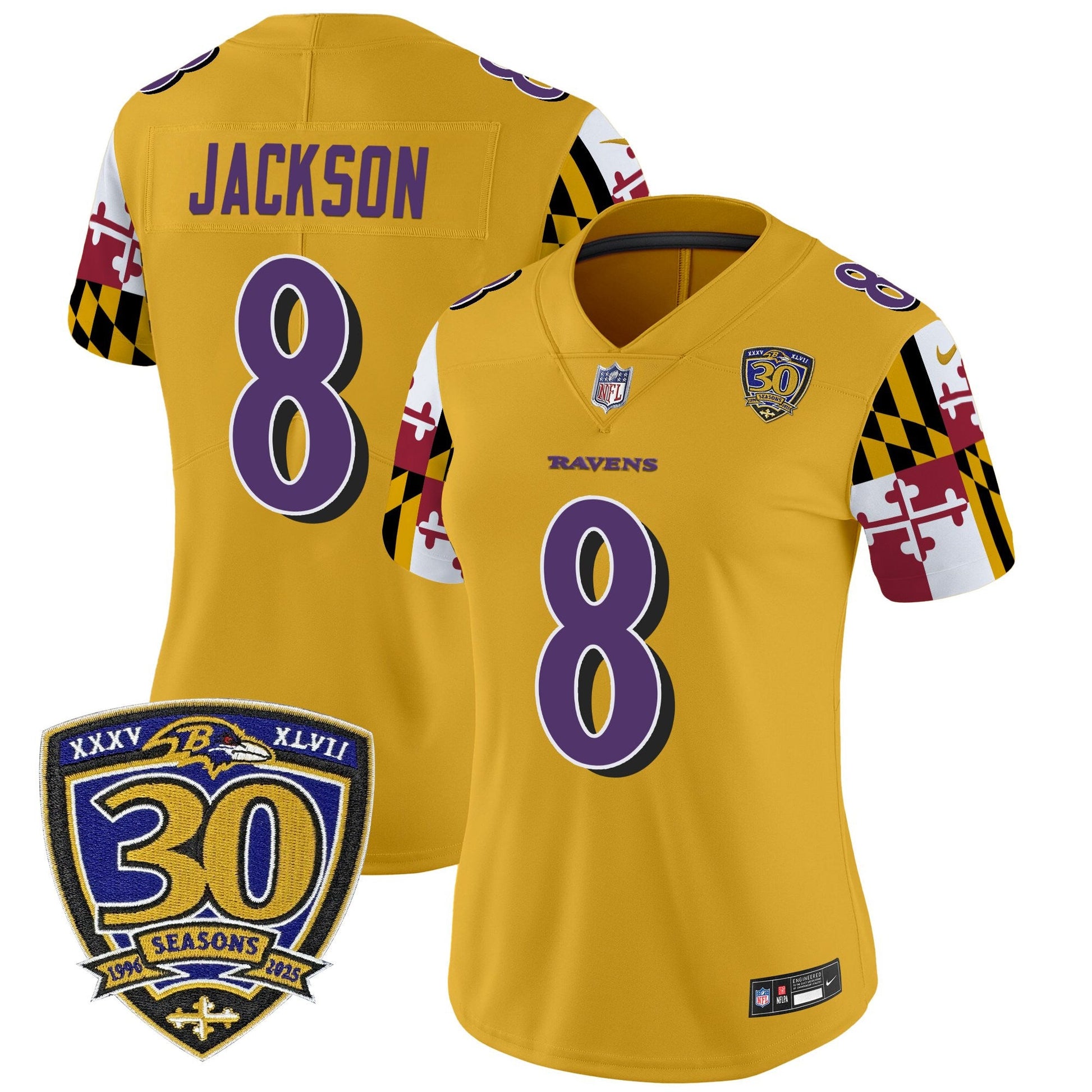 Women's Baltimore Ravens 'Maryland Flag Edition' Vapor Limited Jersey - 30th Anniversary Patch - All Stitched