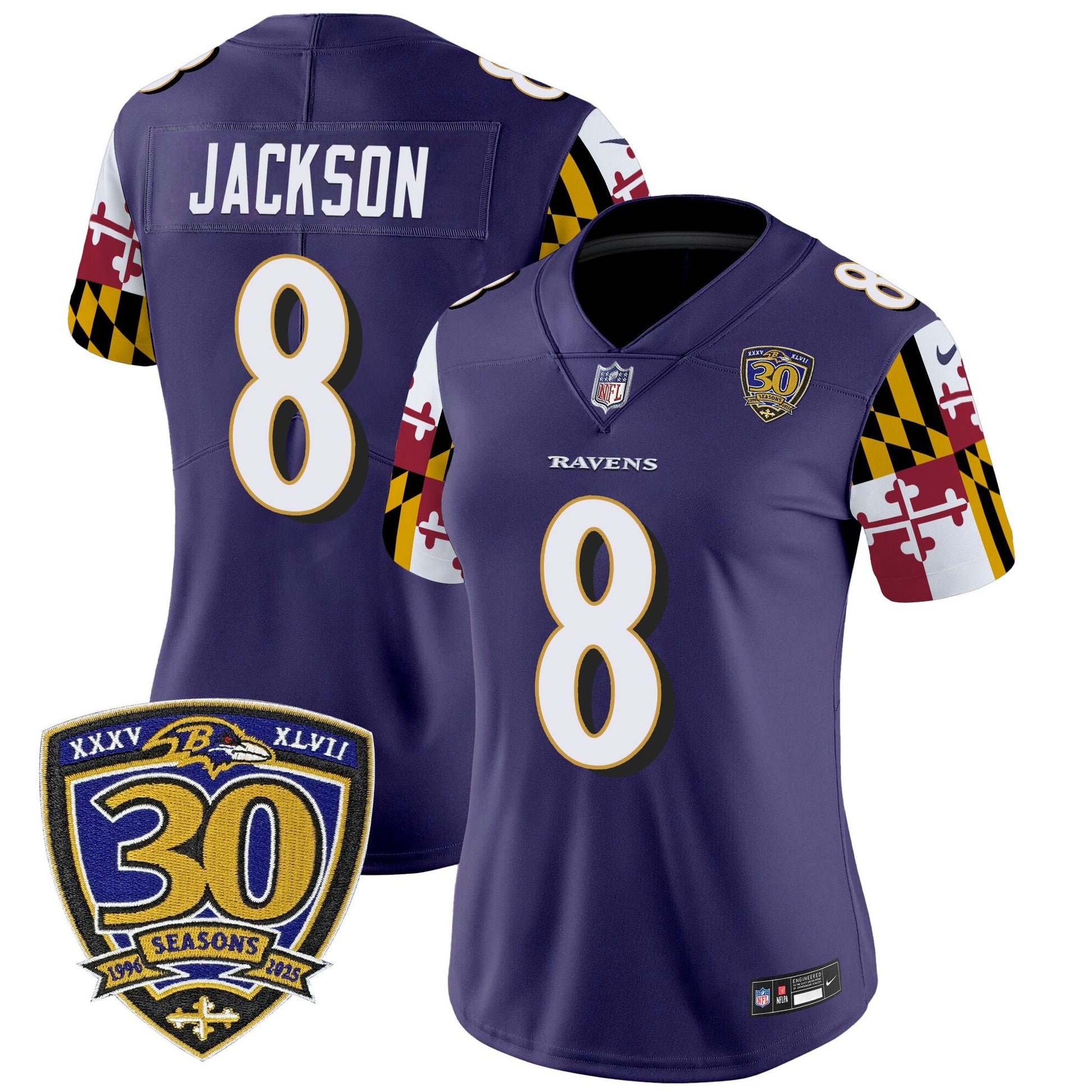 Women's Baltimore Ravens 'Maryland Flag Edition' Vapor Limited Jersey - 30th Anniversary Patch - All Stitched