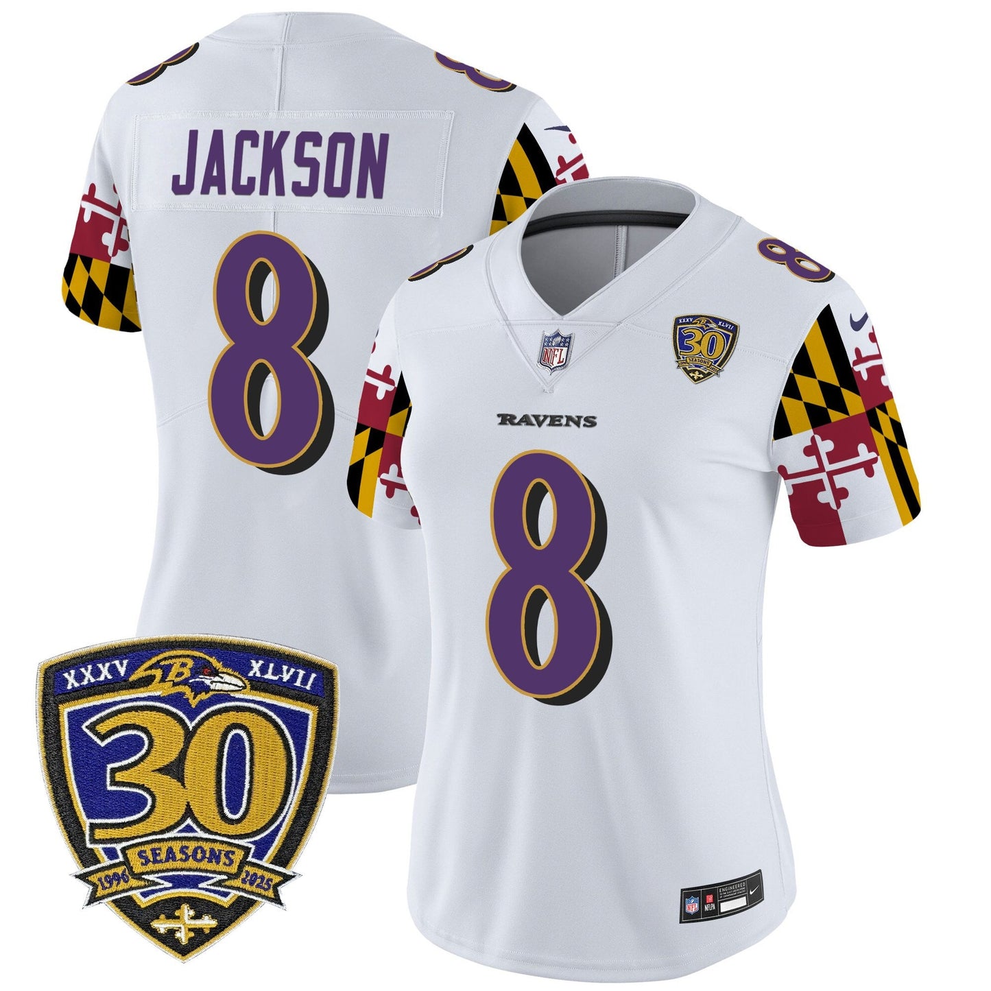 Women's Baltimore Ravens 'Maryland Flag Edition' Vapor Limited Jersey - 30th Anniversary Patch - All Stitched