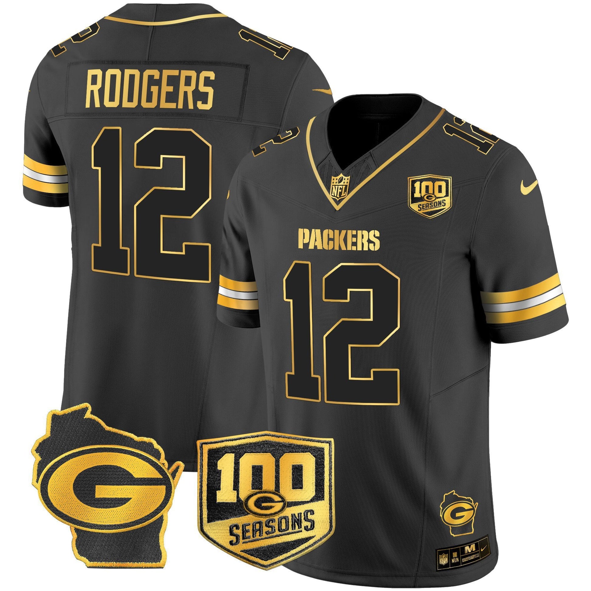 Men's Green Bay Packers 100th Season & Home Patch Gold Vapor Limited Jersey – All Stitched