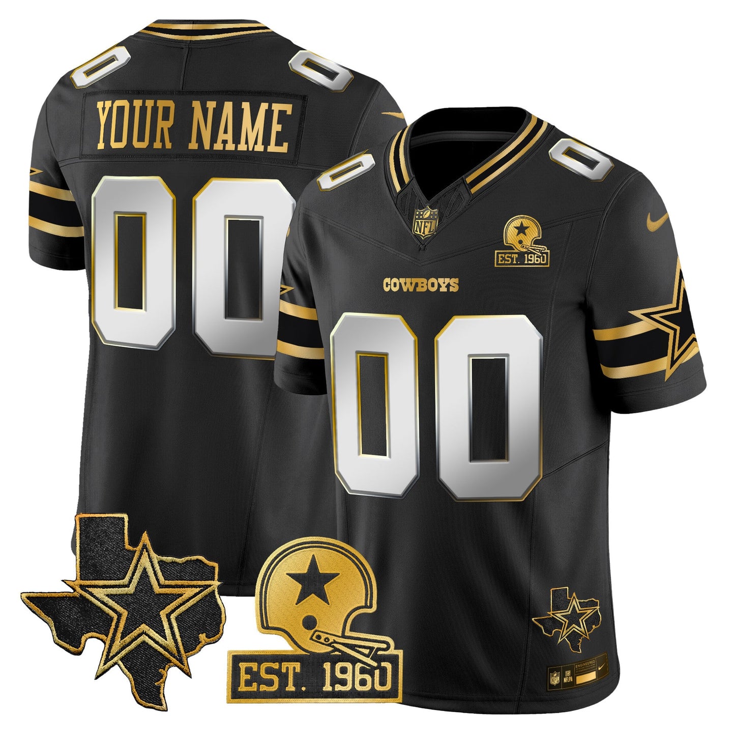 Dallas Cowboys Est. 1960 & Texas Patch Gold Vapor Limited Custom Jersey - All Stitched
