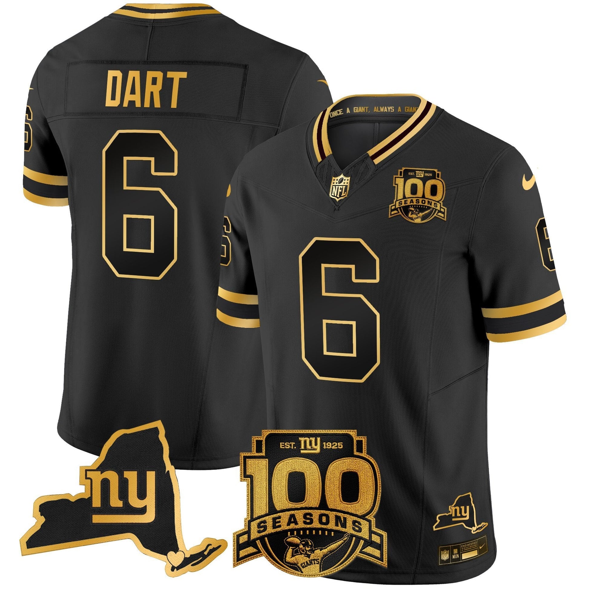 NYG 100th Season & State Patch Gold Vapor Limited Jersey - All Stitched