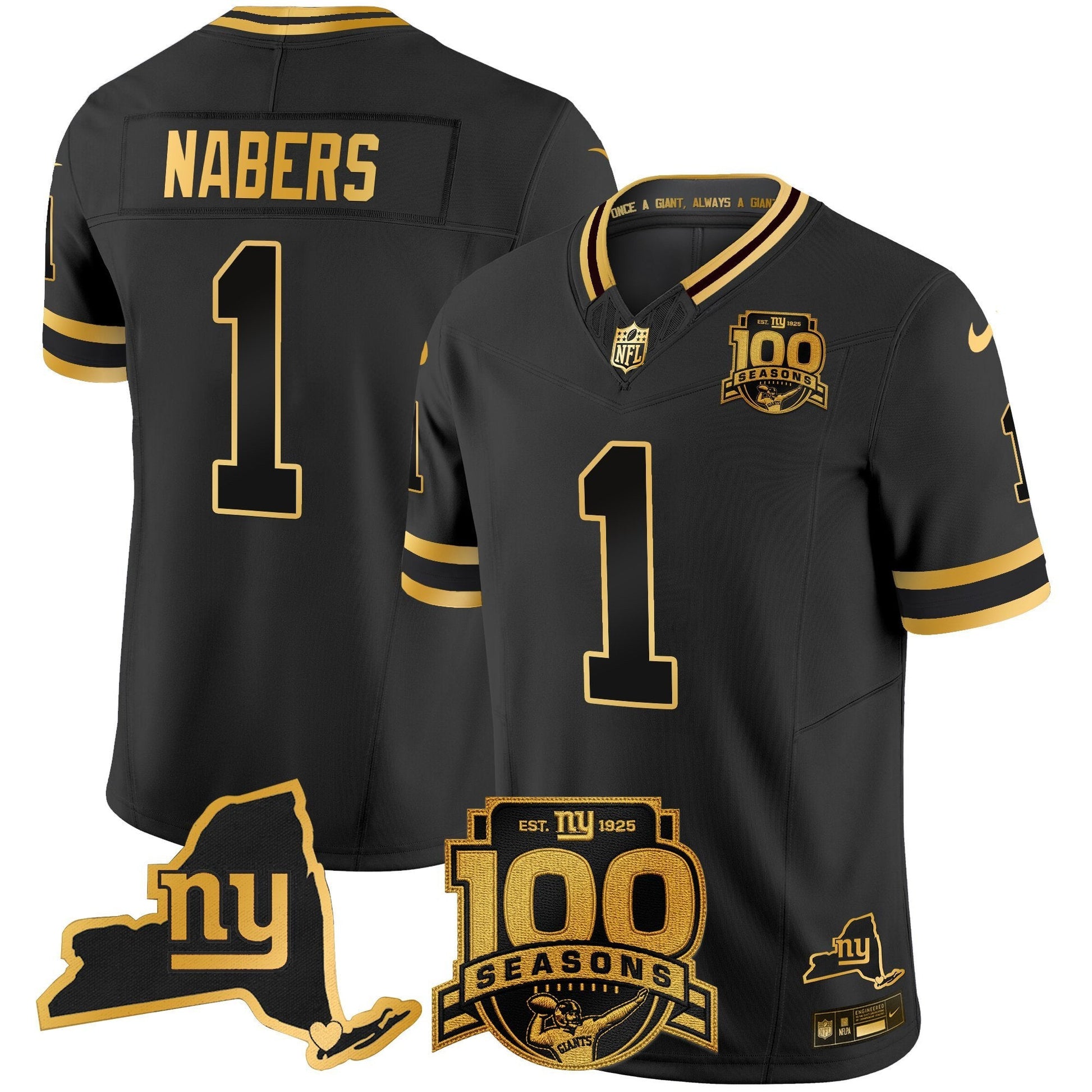 NYG 100th Season & State Patch Gold Vapor Limited Jersey - All Stitched