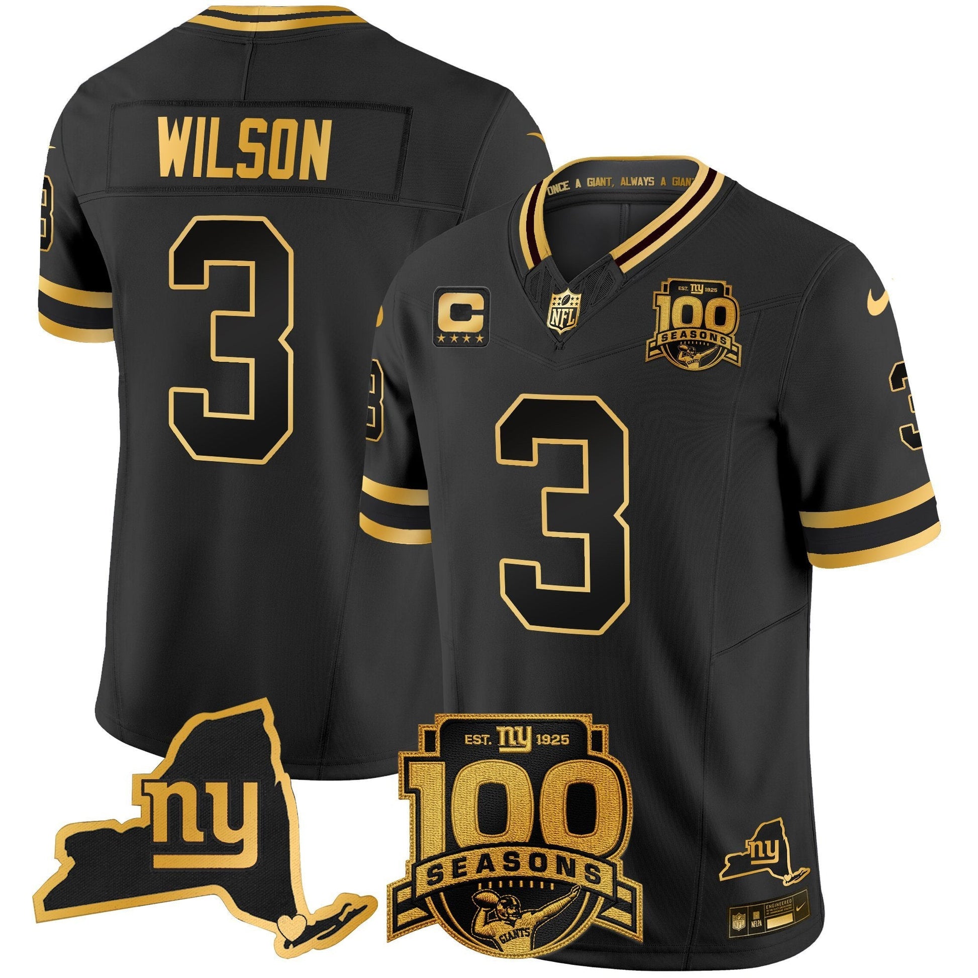 NYG 100th Season & State Patch Gold Vapor Limited Jersey - All Stitched