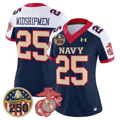 Women's Navy Midshipmen Vapor USMC Premier Jersey - 250th Anniversary Patch - All Stitched