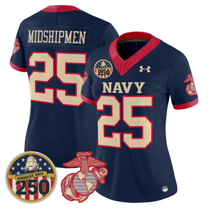 Women's Navy Midshipmen Vapor USMC Premier Jersey - 250th Anniversary Patch - All Stitched