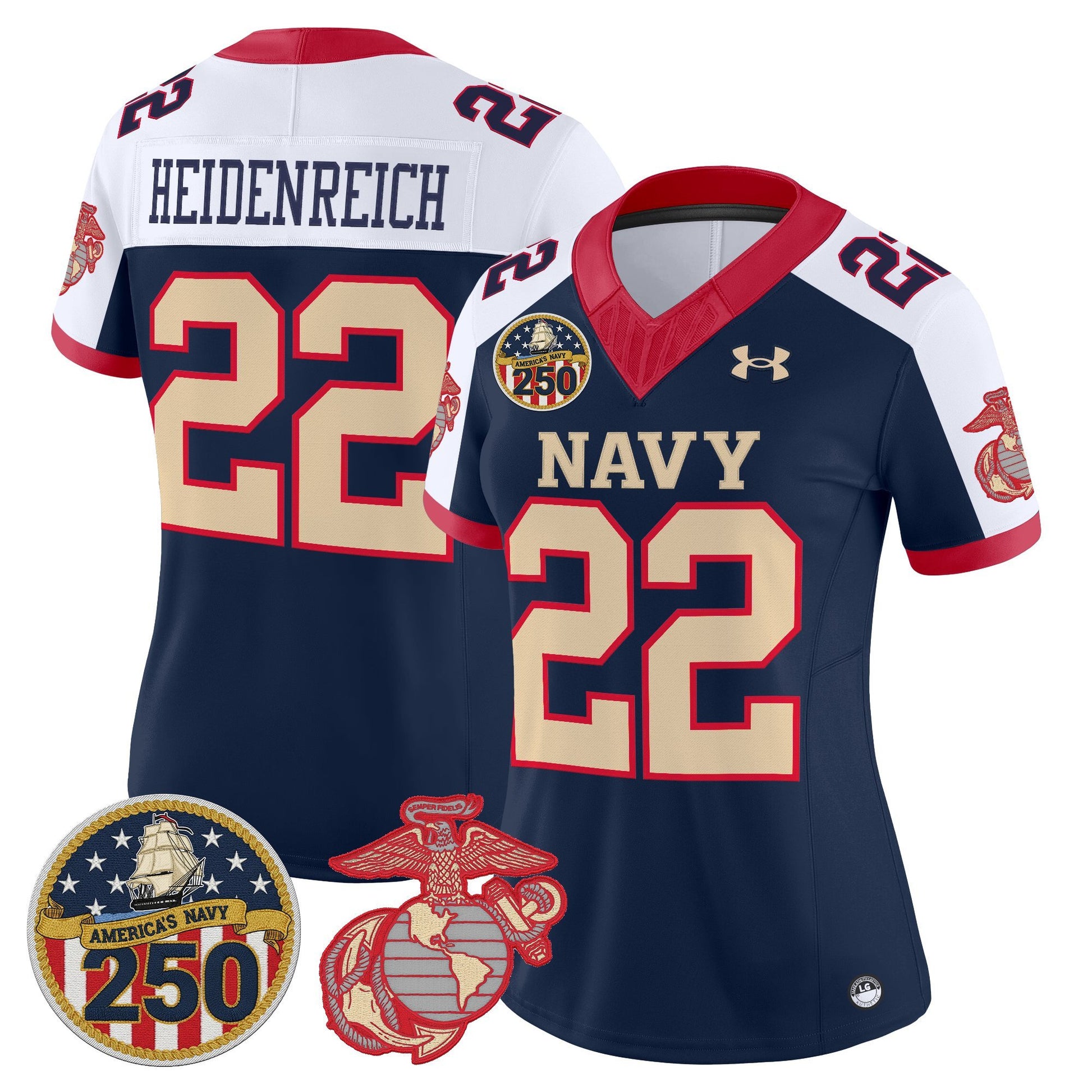 Women's Navy Midshipmen Vapor USMC Premier Jersey - 250th Anniversary Patch - All Stitched