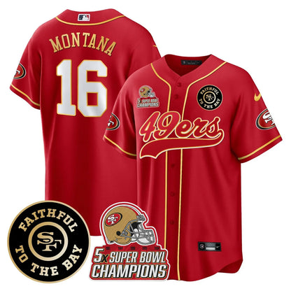 49ers Faithful To The Bay & 5x Champions Patch Baseball Jersey - All Stitched