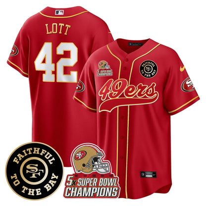 49ers Faithful To The Bay & 5x Champions Patch Baseball Jersey - All Stitched