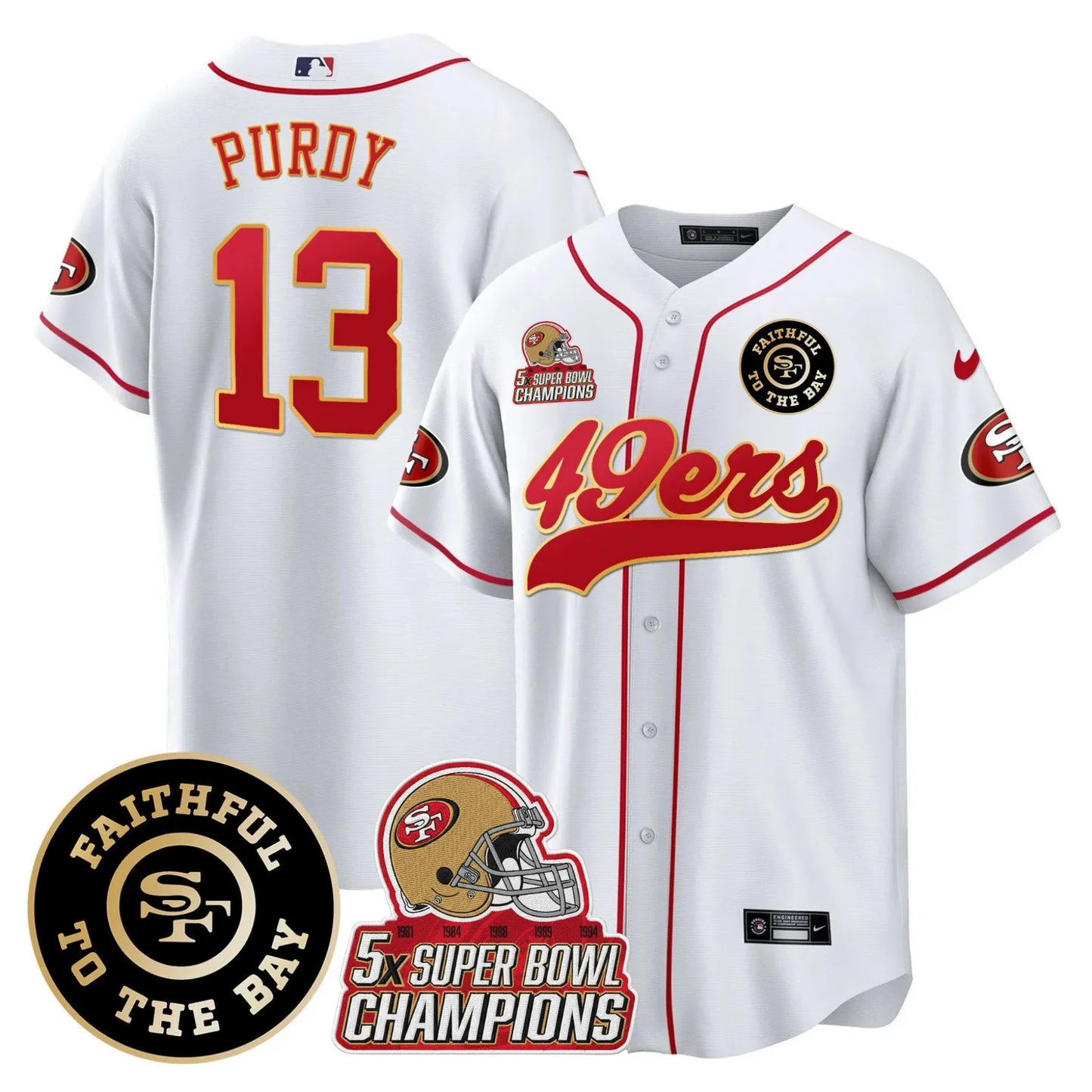 49ers Faithful To The Bay & 5x Champions Patch Baseball Jersey - All Stitched