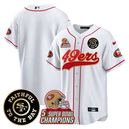 49ers Faithful To The Bay & 5x Champions Patch Baseball Jersey - All Stitched